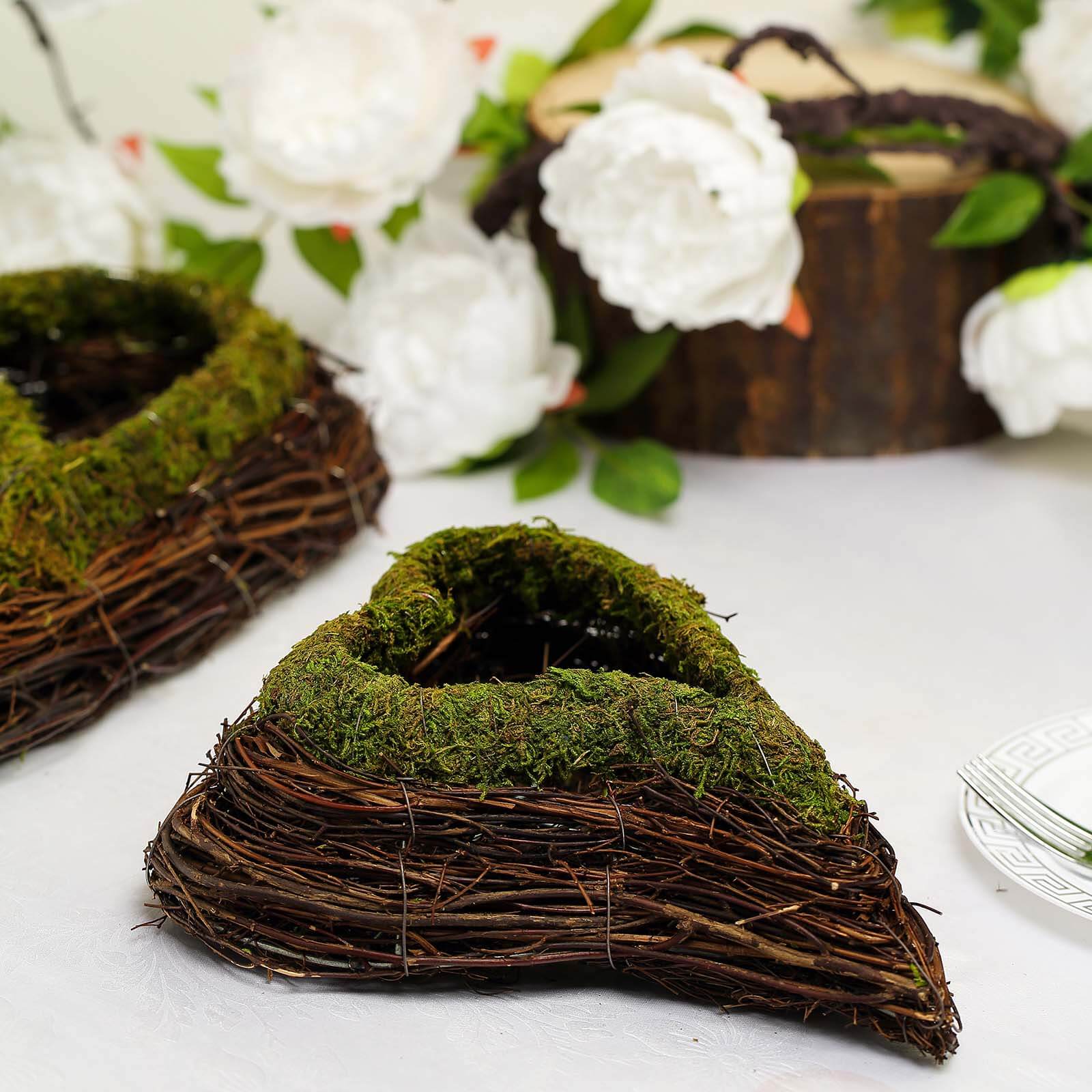 Set of 2 Heart Shaped Planter Boxes Preserved Moss Twigs Green - Flower Basket Centerpieces 14, 11