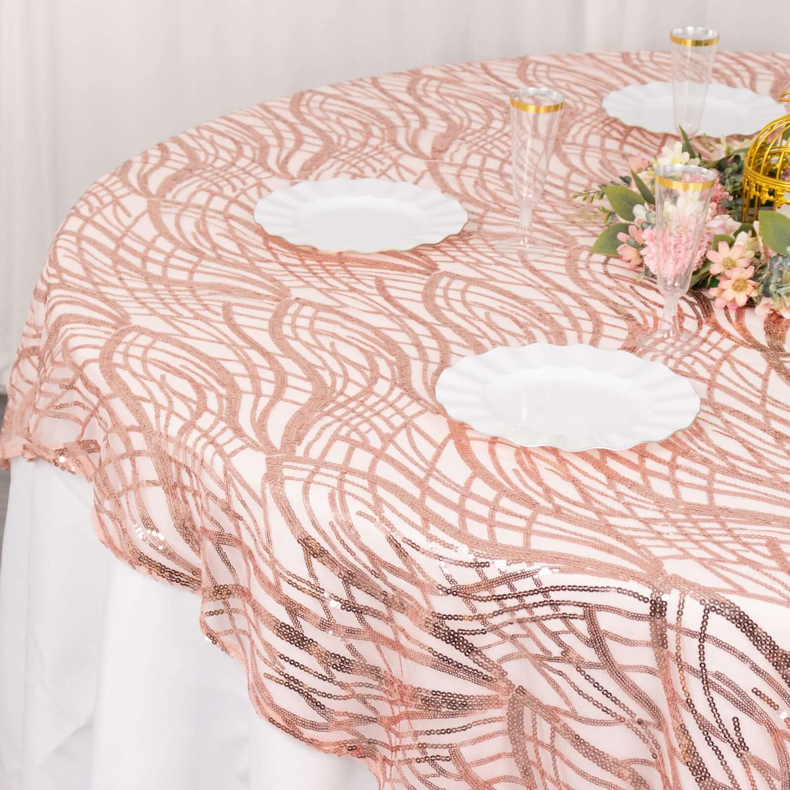 Mesh 72x72 Table Overlay Square Tablecloth Blush - Wave Embroidered Sequins Table Topper