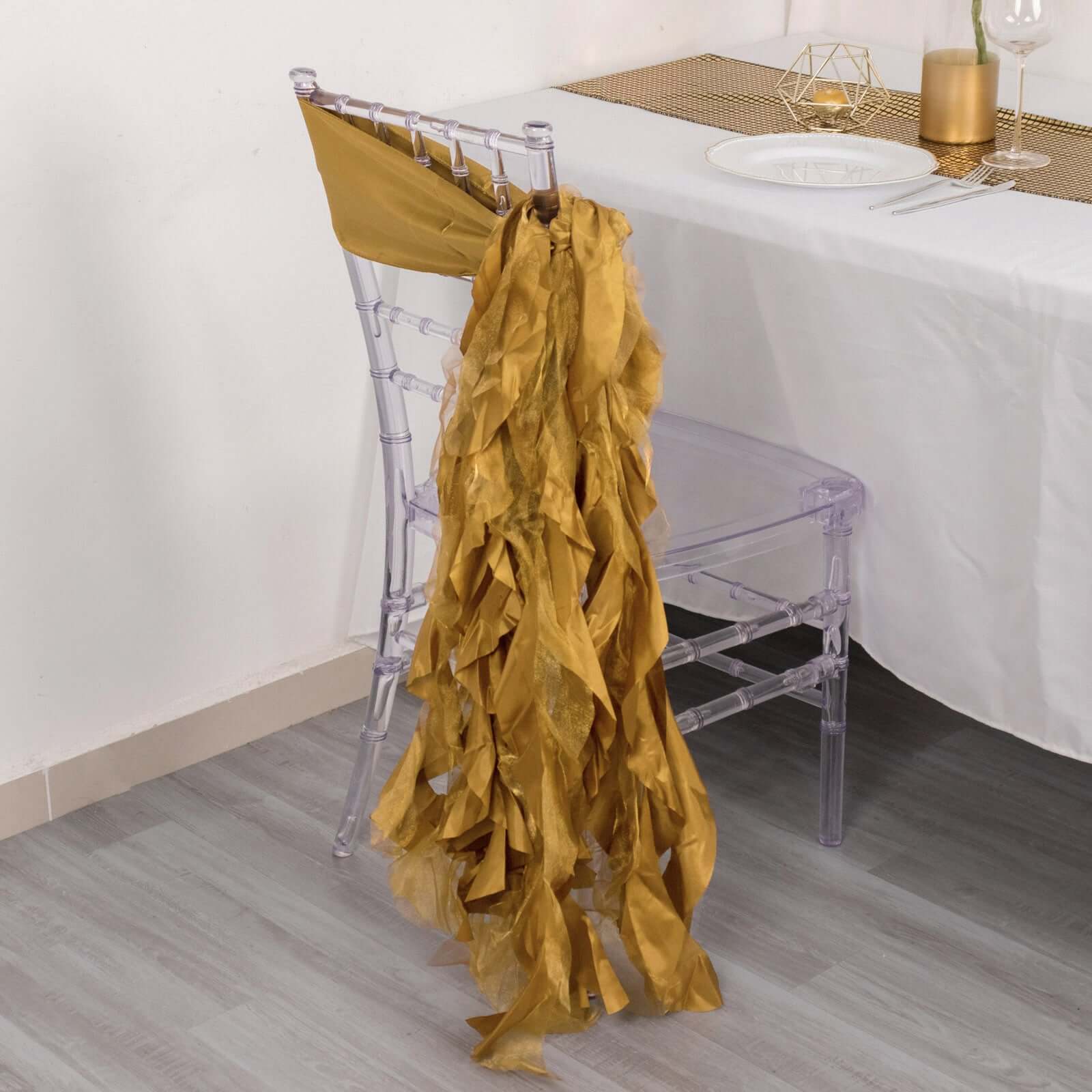 5 Pack Chiffon Satin Chair Sashes Gold - Easy to Install Lustrous Ruffled Curly Willow Wedding Chair Decorations