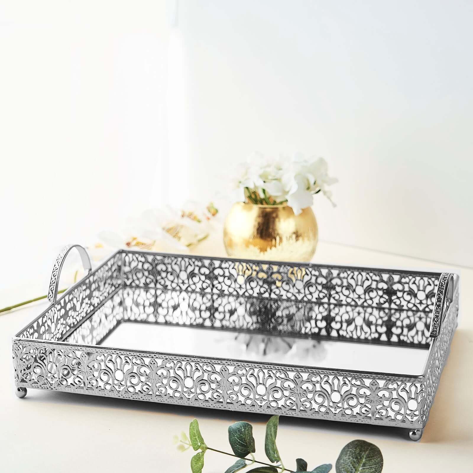 Metal Mirrored Rectangle Serving Tray 16x12 in Silver Fleur De Lis Design with Handles, French Inspired Decorative Vanity Tray Centerpiece