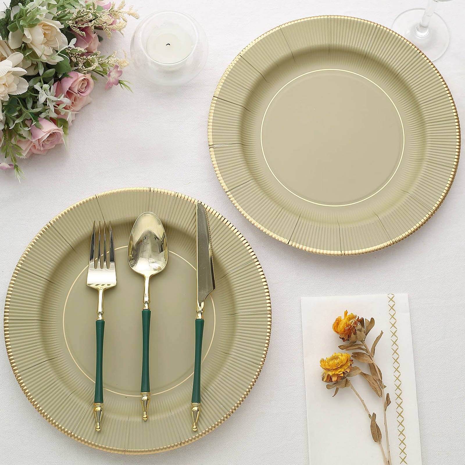 25-Pack Paper 10 Round Dinner Plates in Khaki Sunray Design with Gold Rim - Disposable Heavy Duty 350GSM Party Plates