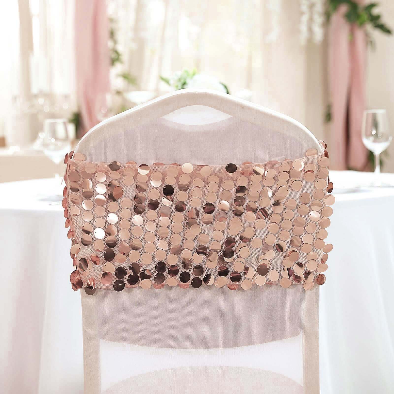 5 Pack Big Payette Sequin 13x10 Chair Sash Bands Blush - Stylish Glittering Decor for Weddings & Gatherings