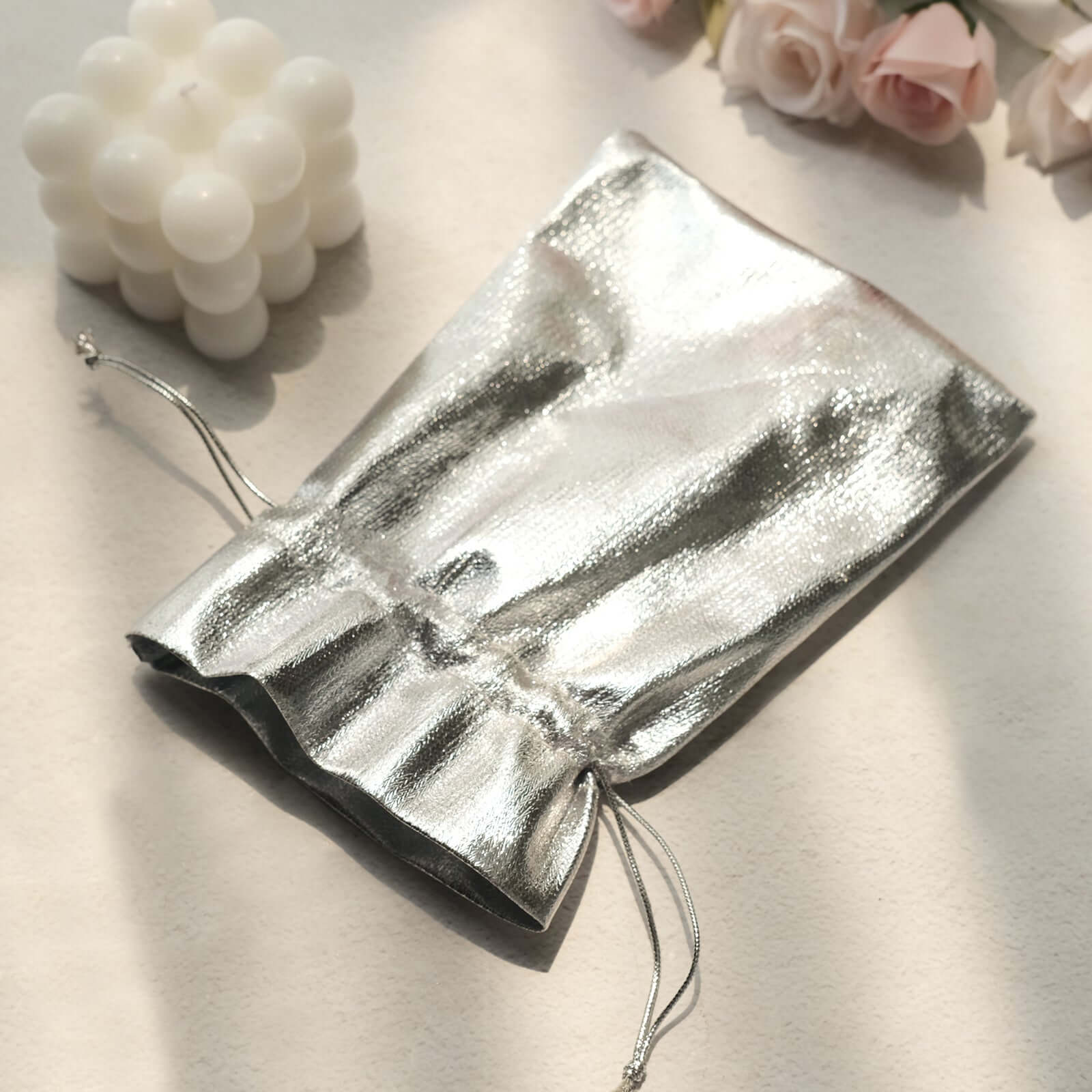 10 Pack Metallic Silver Lame Polyester 5x7 Party Favor Gift Bags, Shiny Fabric Drawstring Candy Pouch