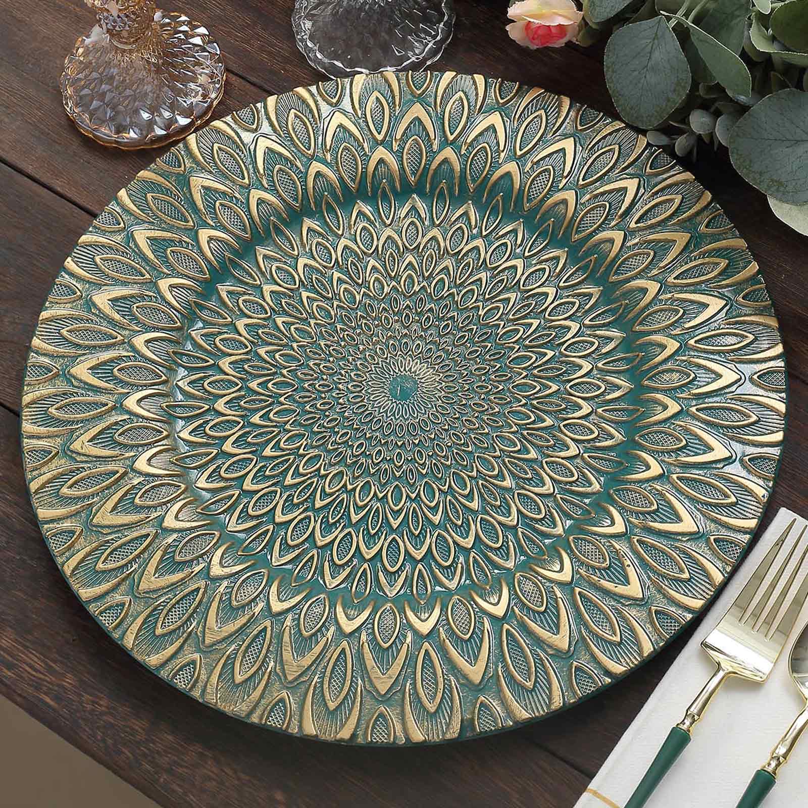 6-Pack Plastic Round Charger Plates 13 in Teal with Gold Embossed Peacock Pattern, Stylish Disposable Charger Tableware