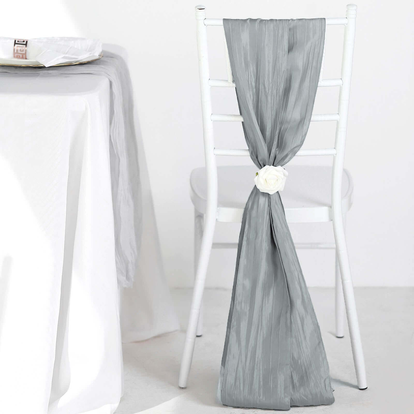 5 Pack Taffeta 6x106 Chair Sashes Silver Accordion Crinkle Texture - Stylish Decor for Weddings & Gatherings