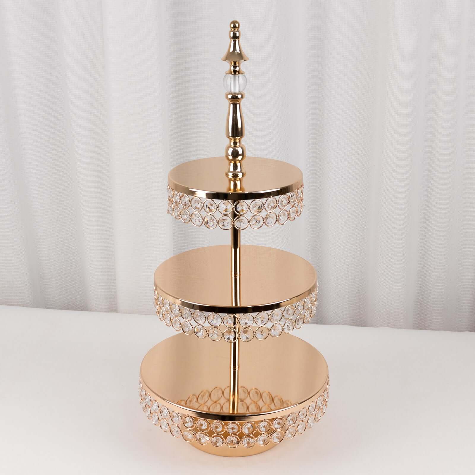 3-Tier Cake Stand Crystal Beaded Gold with Round Mirror Top - Metal Cupcake Tower Dessert Display 26