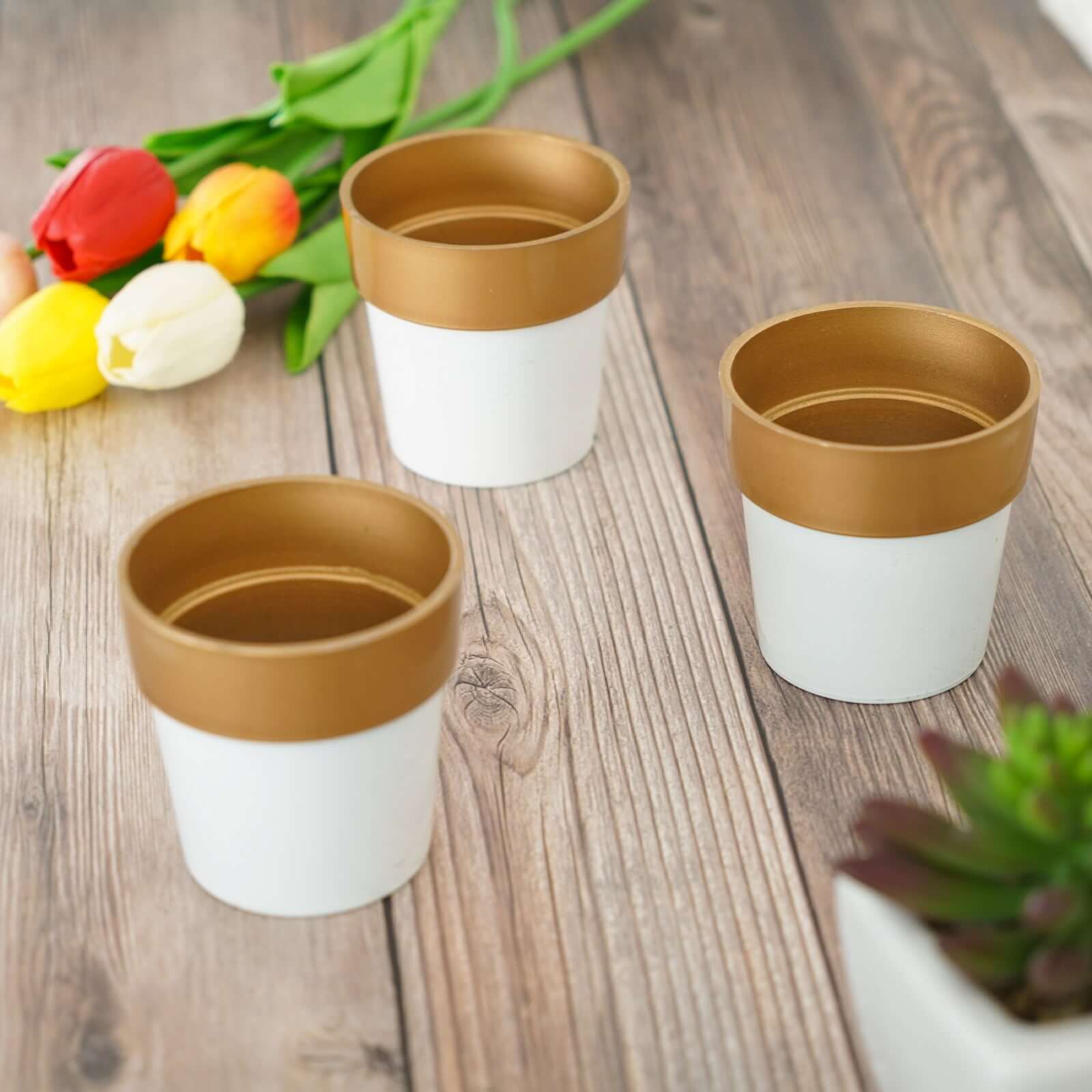 3-Pack Flower Plant Pots Small Design White with Gold Rim - Plastic Indoor Decorative Planters 3