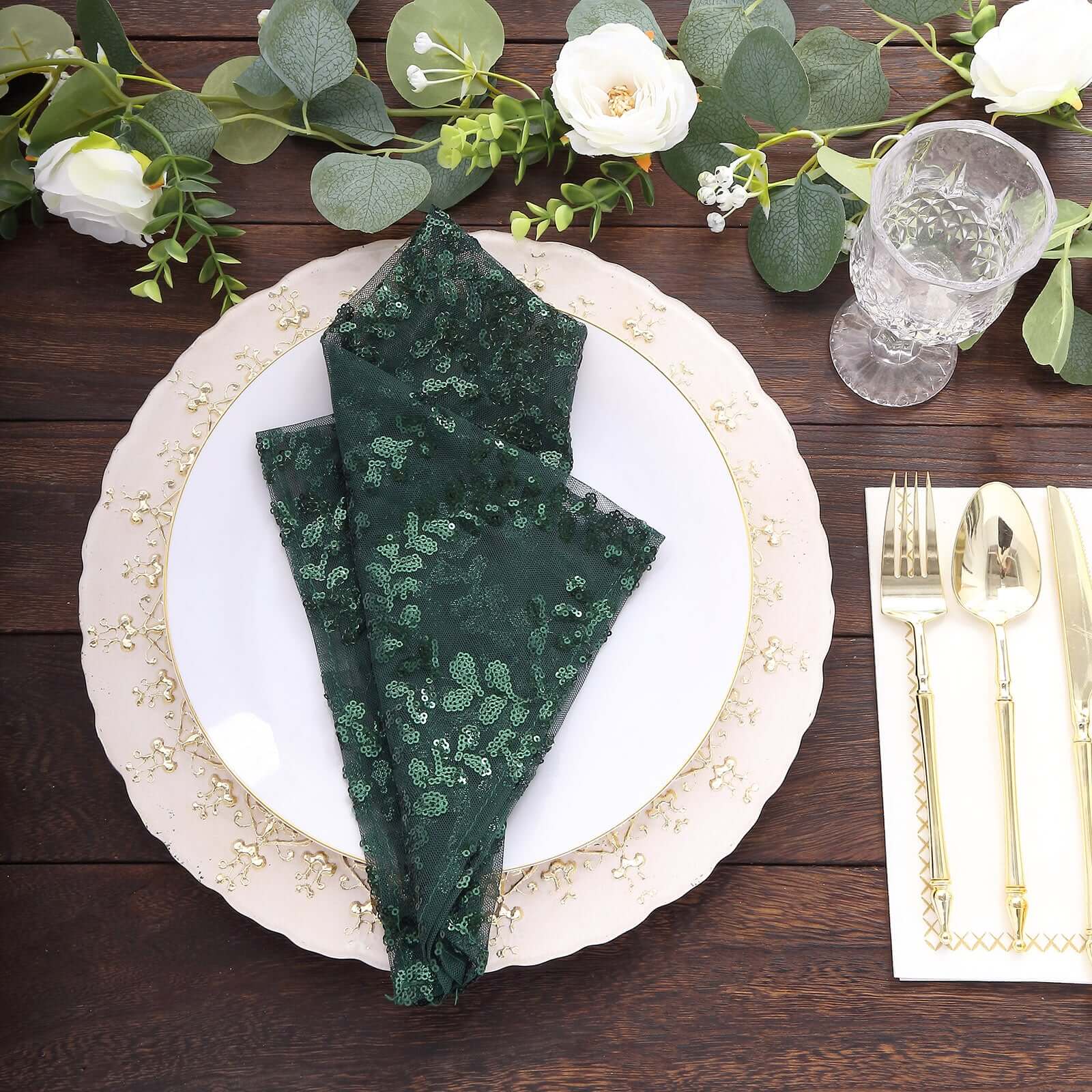 Sequin Tulle 20x20 Napkin Hunter Emerald Green - Embroidered Leaf Vine Dinner Napkins