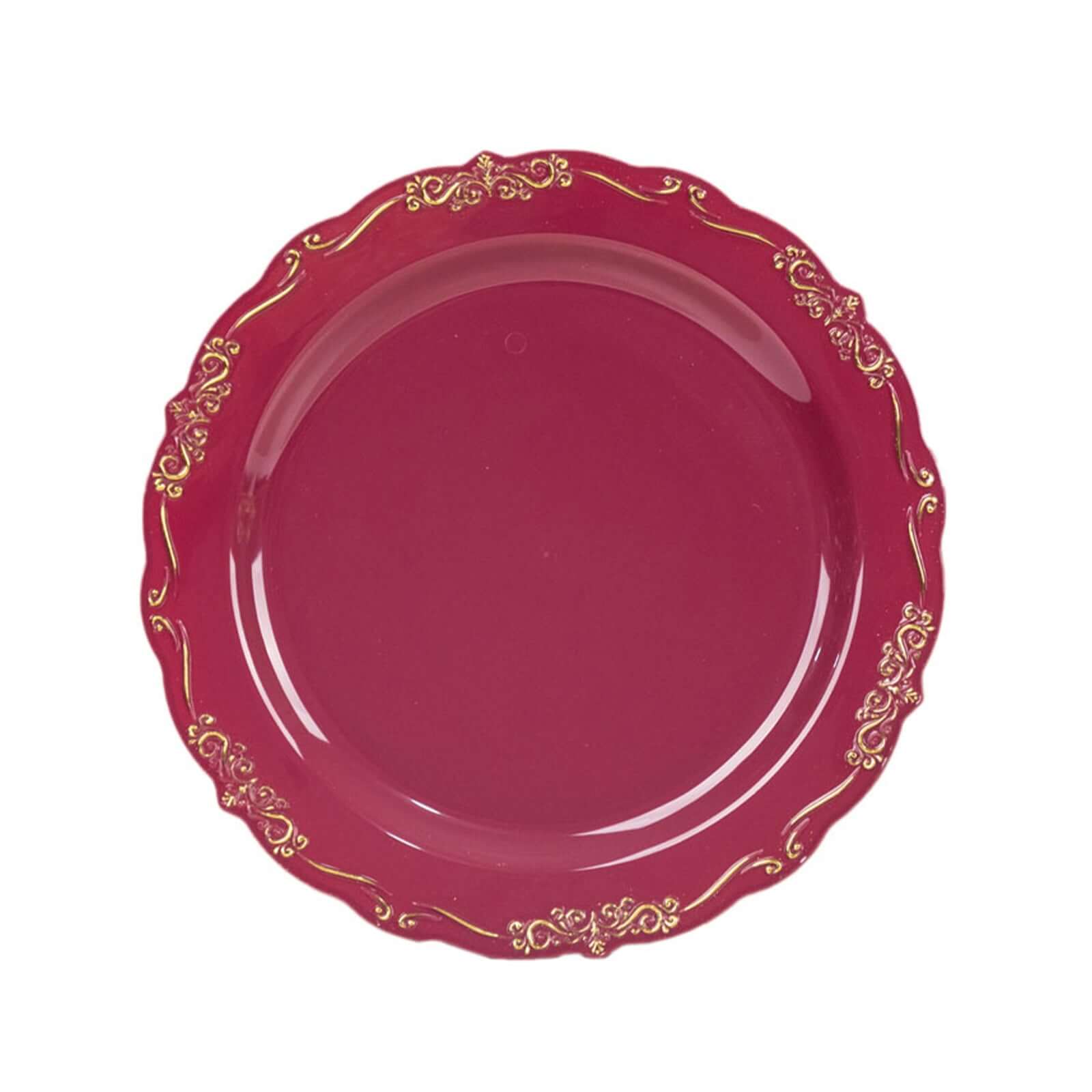 10-Pack Plastic 7 Round Dessert Plates in Burgundy with Gold Vintage Embossed Rim - Sturdy Disposable Scalloped Edge Salad Plates