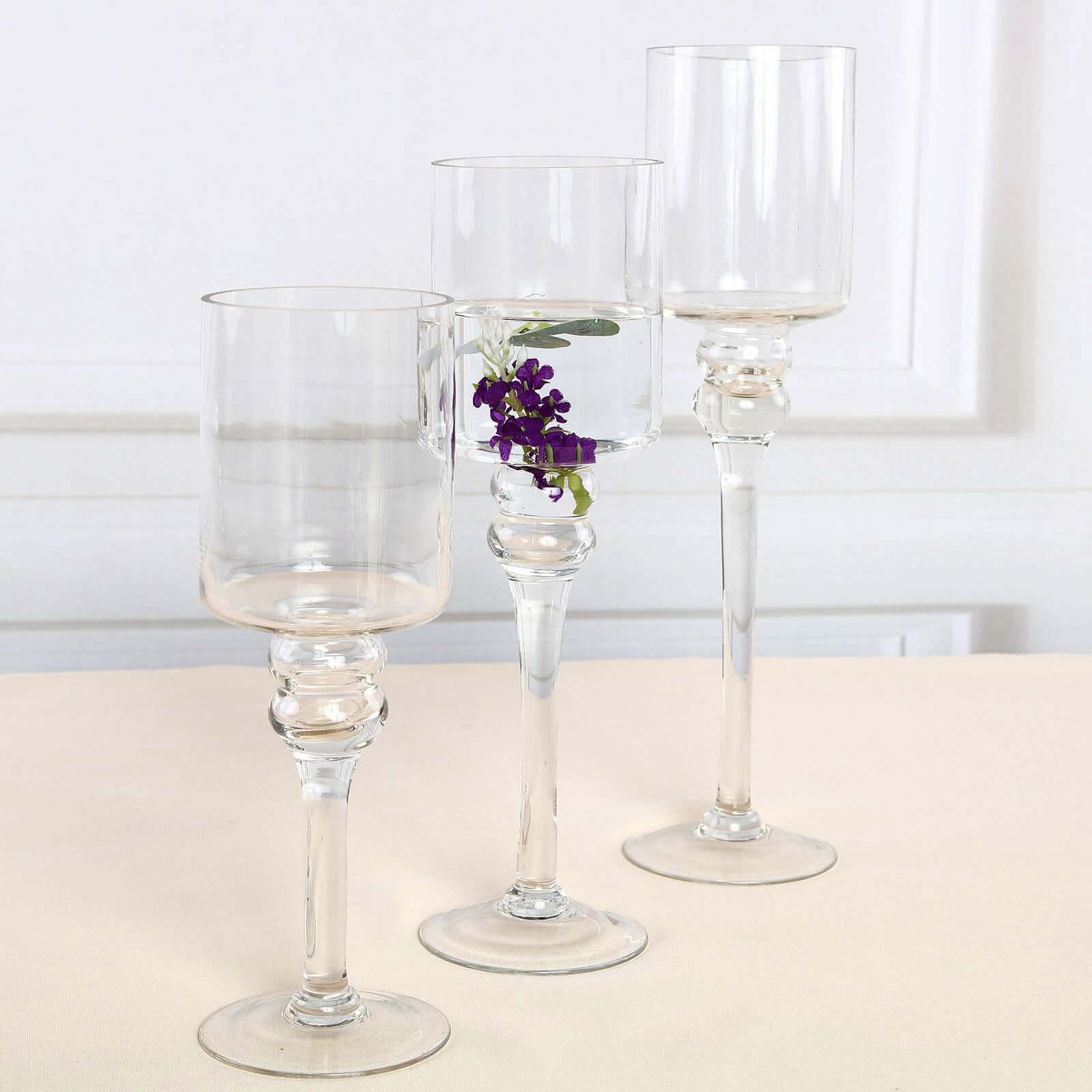 Set of 3 Glass Cylinder Vases Long Stem Clear - Decorative Candle Holder Floral Centerpieces 12, 14, 16