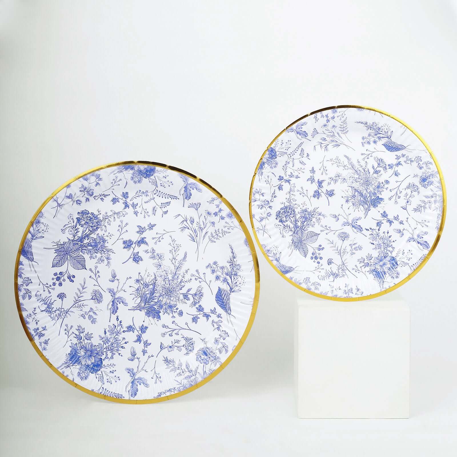 25-Pack Paper 9 Round Dinner Plates in White with Light Blue French Toile Pattern & Gold Rim - Disposable Party Plates for Picnics & Chic Brunches