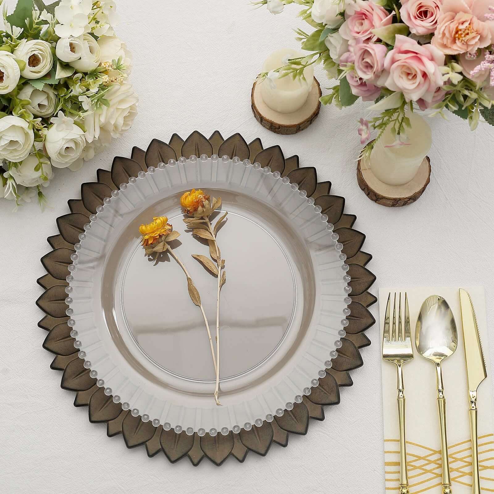 6-Pack Plastic Round Charger Plates 13 in Natural with Sunflower Rim, Matte Finish Disposable Dinner Charger Tableware