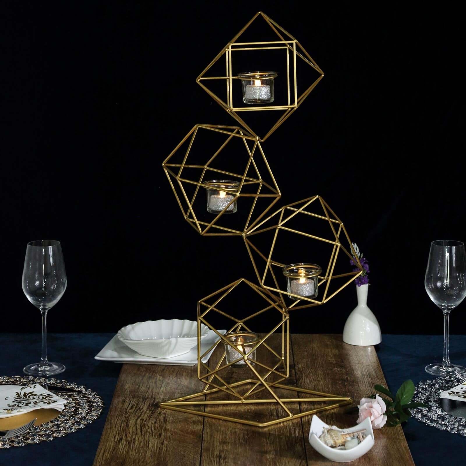 Tealight Candle Holder Metal Linked Geometric Design Gold with Votive Glass Holders - Sophisticated Decor for Tables & Gatherings 25