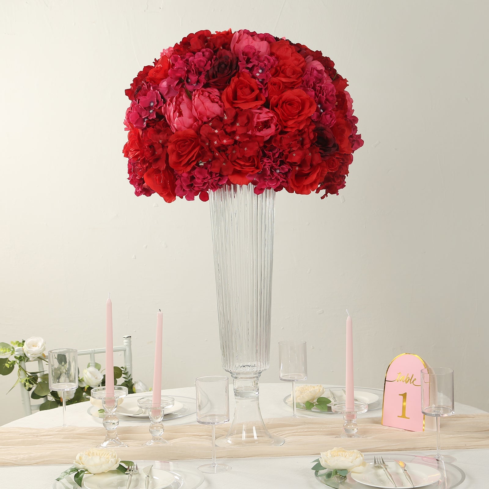 Pre-Arranged Silk Rose Bouquet Floral Arrangement Table Decor, Large Red Artificial Rose Flower Balls Wedding Centerpieces - 20