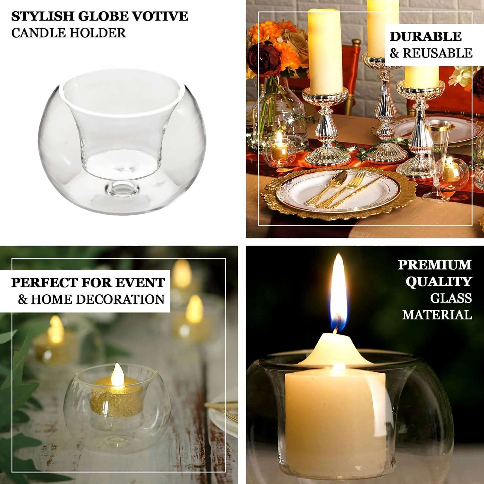 6-Pack Glass Tealight Candle Holders Crystal Clear Globe Design - Votive Candle Holders for Events 3