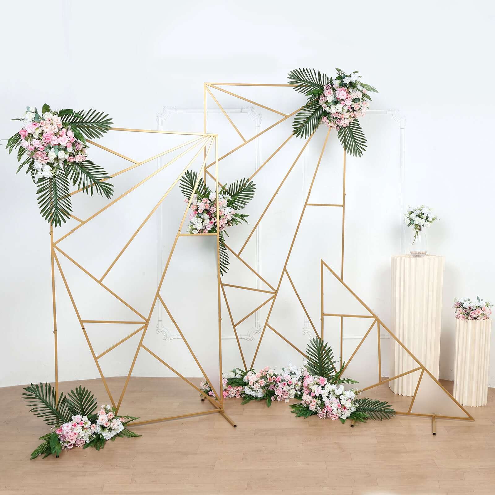 3ft Tall Gold Metal Triangular Geometric Flower Frame Prop Stand, Wedding Backdrop Floor Stand With Cloudy Film Insert