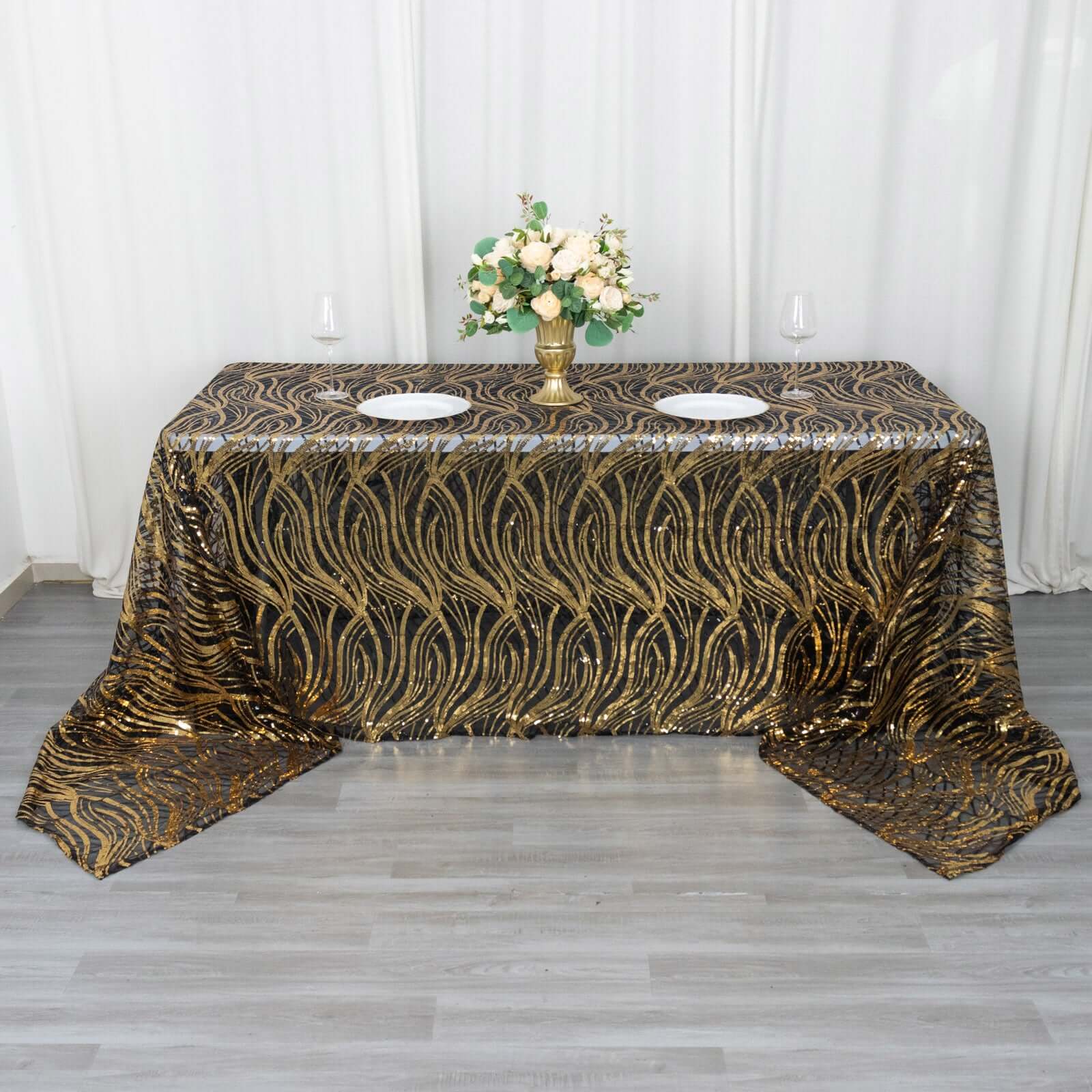 Mesh 90x156 Rectangle Tablecloth Black/Gold - Wave Sequin Embroidered Table Cover