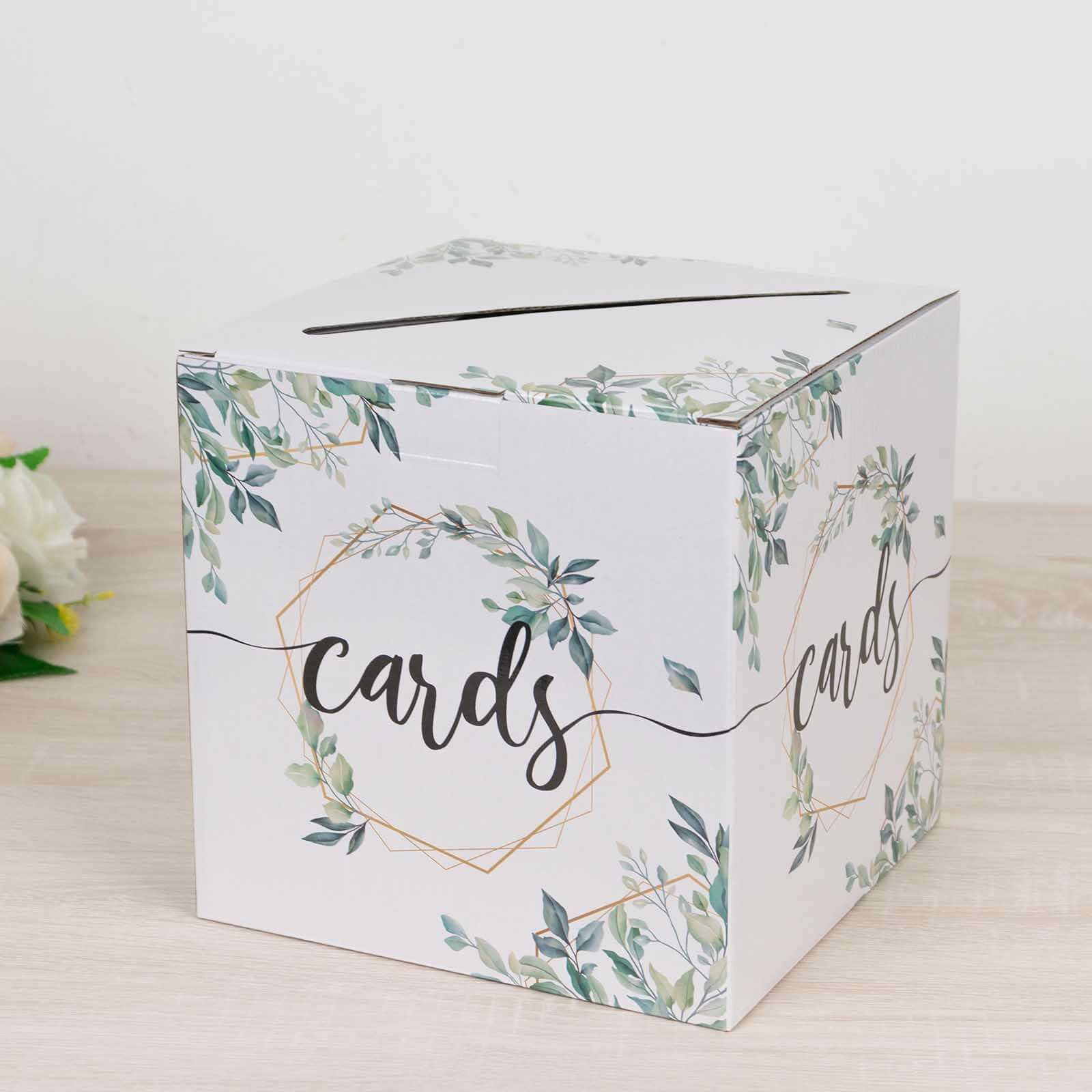 Greenery Theme Wedding Reception Gift Card Box with Geometric Gold Foil Print, Collapsible Money Card Box - 8x8