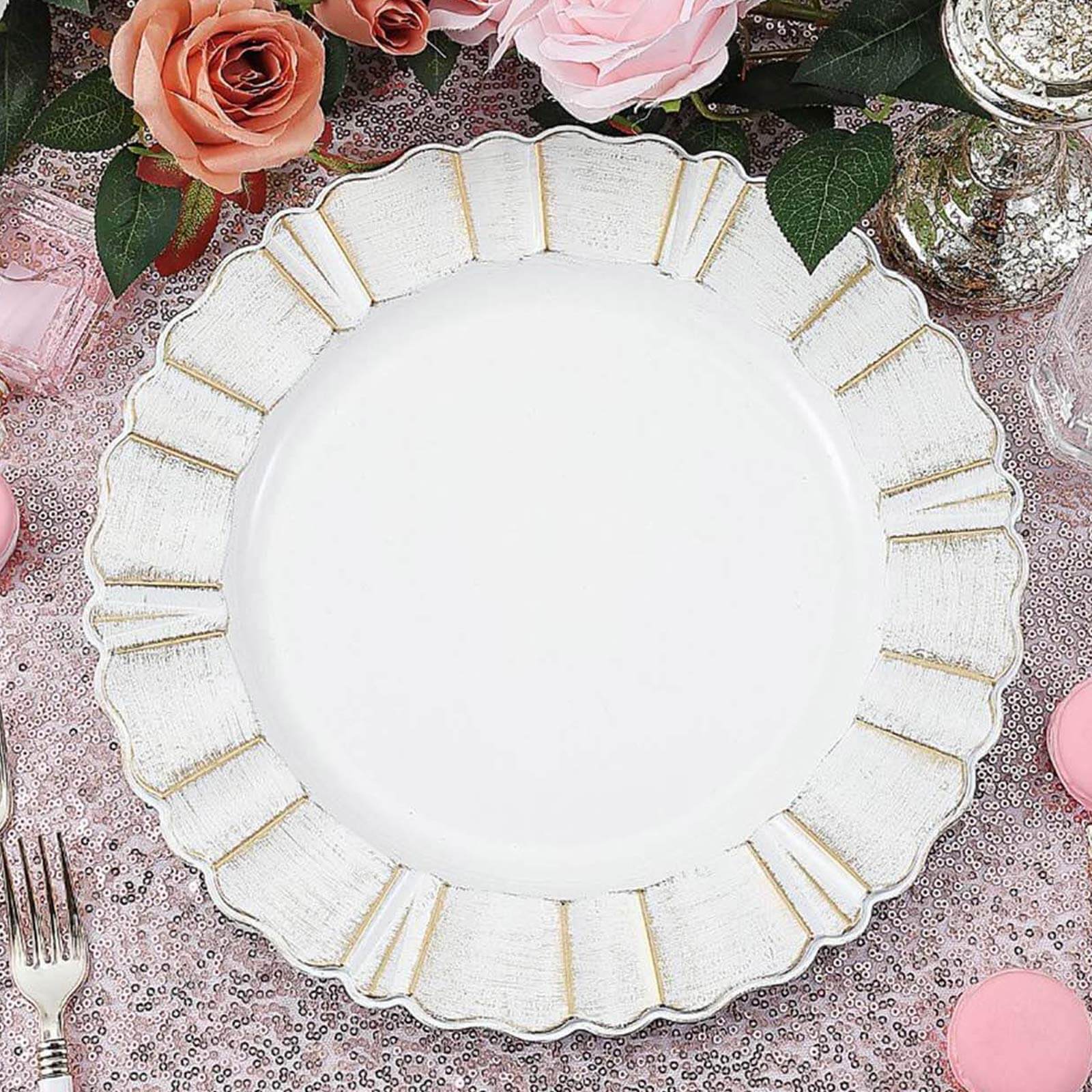 6-Pack Acrylic Plastic Round Charger Plates 13 in White with Gold Brushed Wavy Scalloped Rim, Decorative Dinner Party Charger Tableware