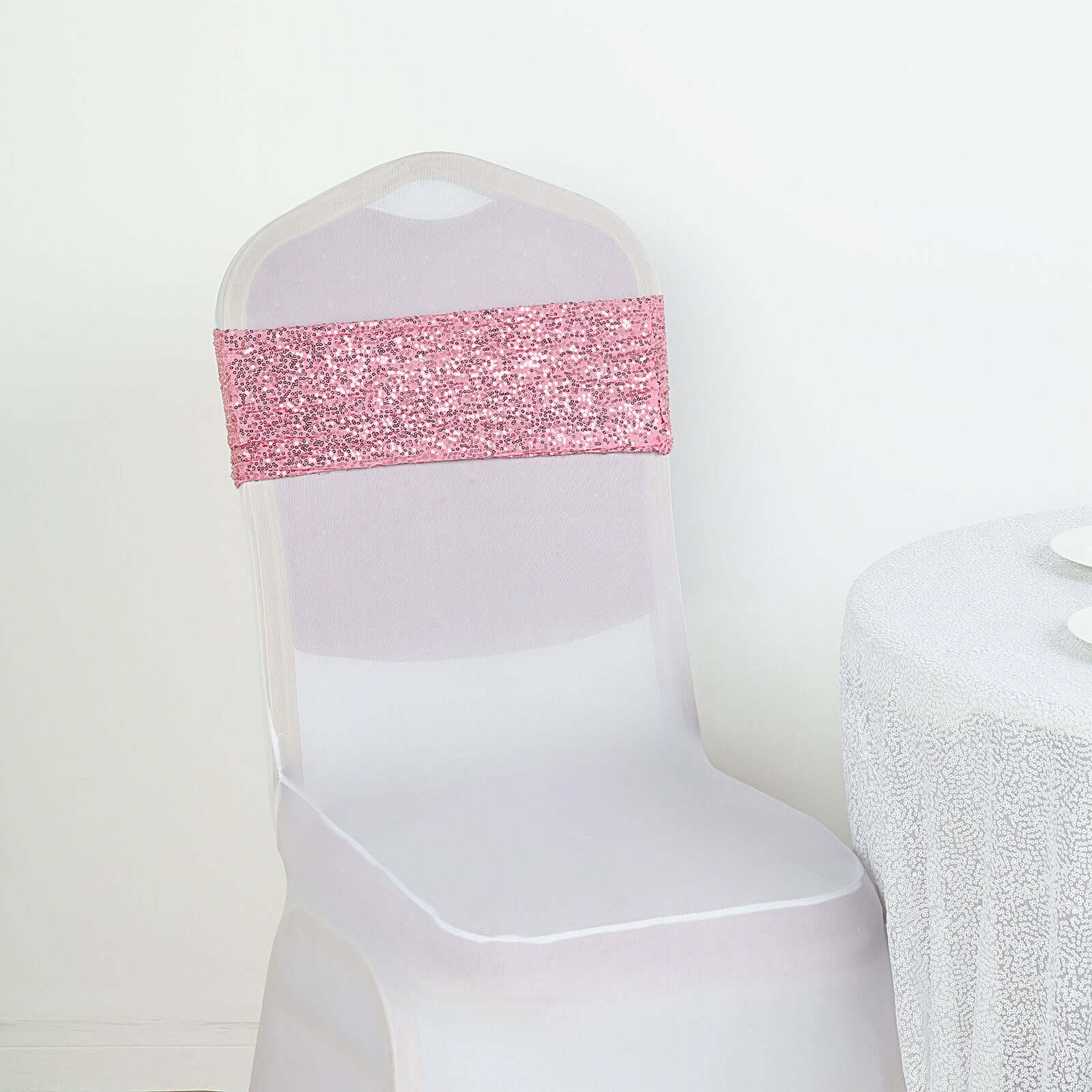 5 Pack Sequin Spandex Chair Sashes Pink - Stretch Chair Bands 6x15