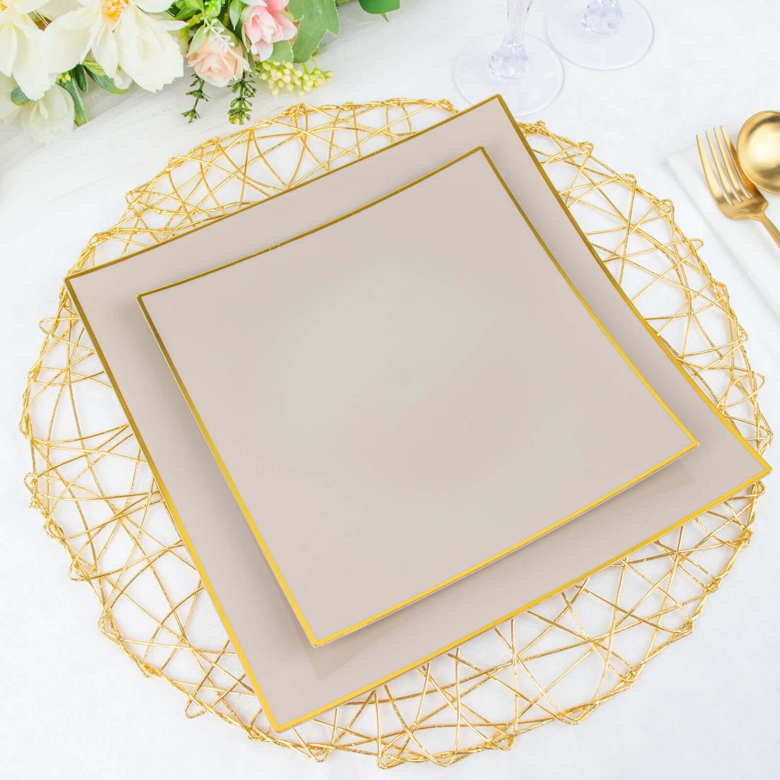 10-Pack Plastic 8 Square Dessert Plates in Taupe Concave Style with Gold Rim - Modern Disposable Salad Appetizer Party Plates