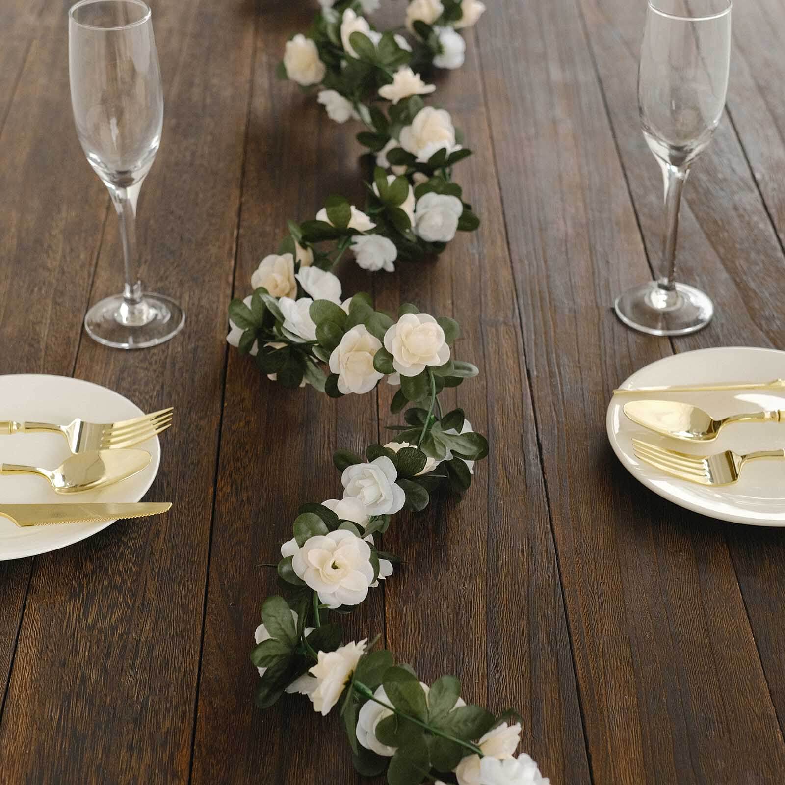 2 Pack 8ft Cream Ivory Artificial Silk Flower Garland Mini Rose Vines with 45 Flower Heads