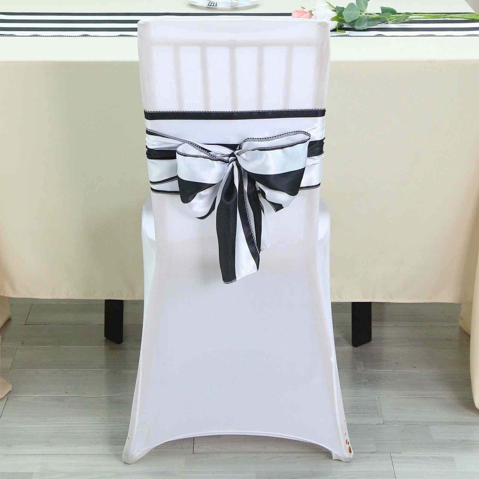 5 Pack Satin 6x108 Chair Sashes Black/White Stripes - Sophisticated Decor for Weddings & Gatherings