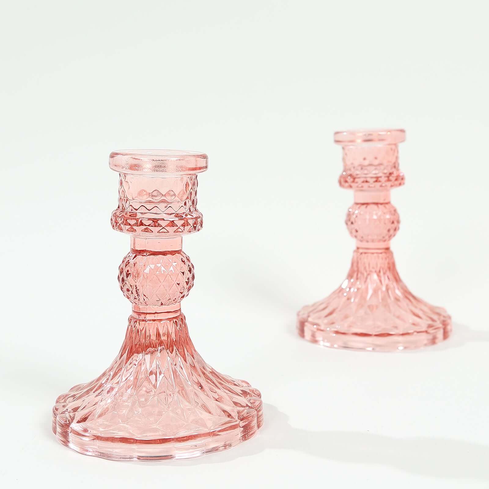 6-Pack Glass Taper Candlestick Holders Diamond Pattern Design Dusty Rose - Reversible Crystal Pillar Votive Stands 4