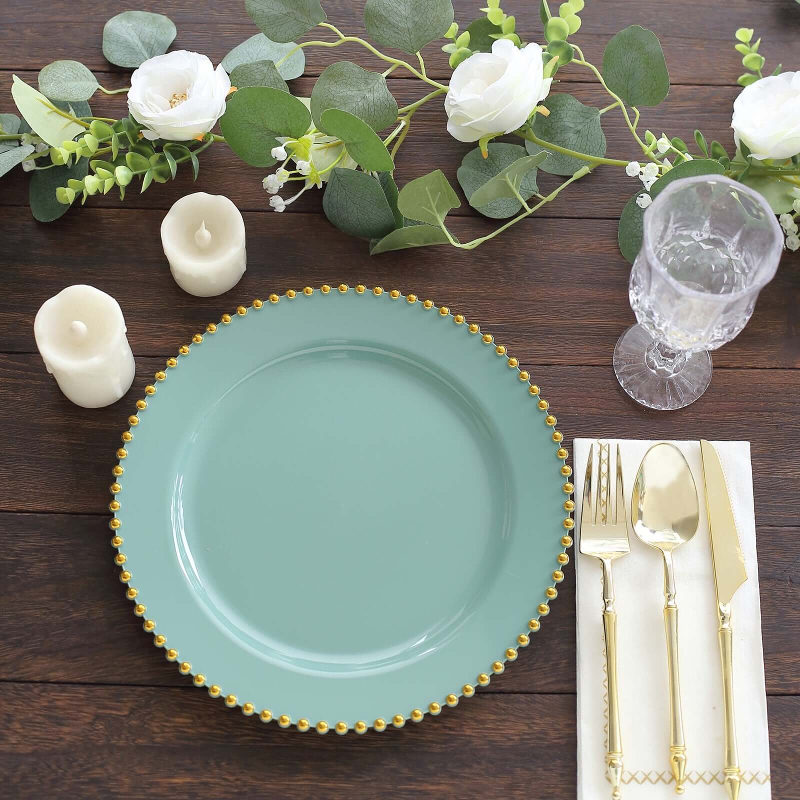 10-Pack Plastic 10 Round Dinner Plates in Dusty Sage Green with Gold Beaded Rim - Disposable Party Plates