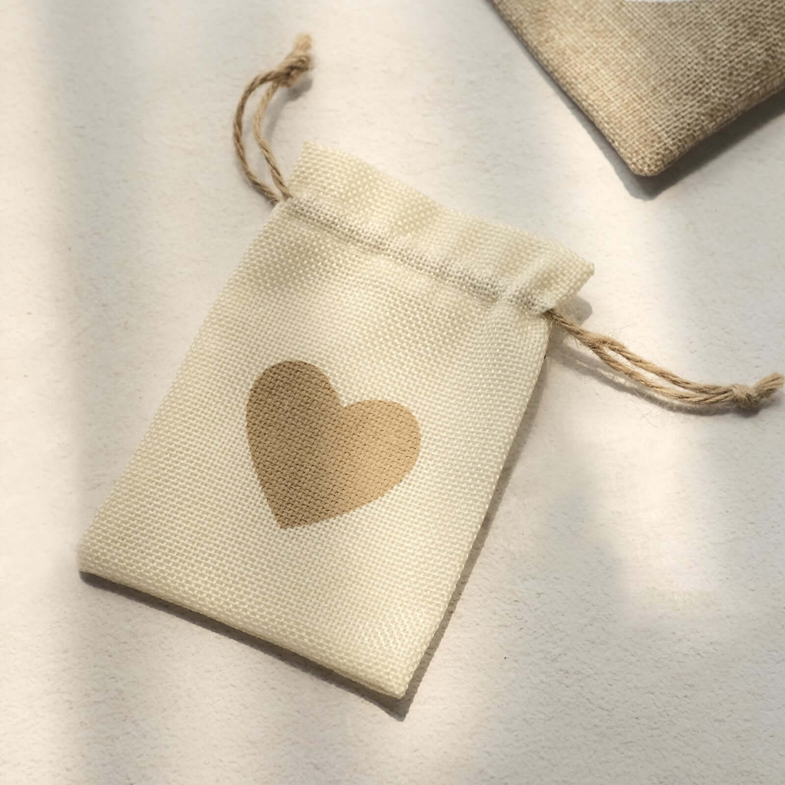 20 Pack 4x5 Natural Ivory Heart Design Jute Burlap Gift Bags With Drawstring, Rustic Wedding Party Favor Bags
