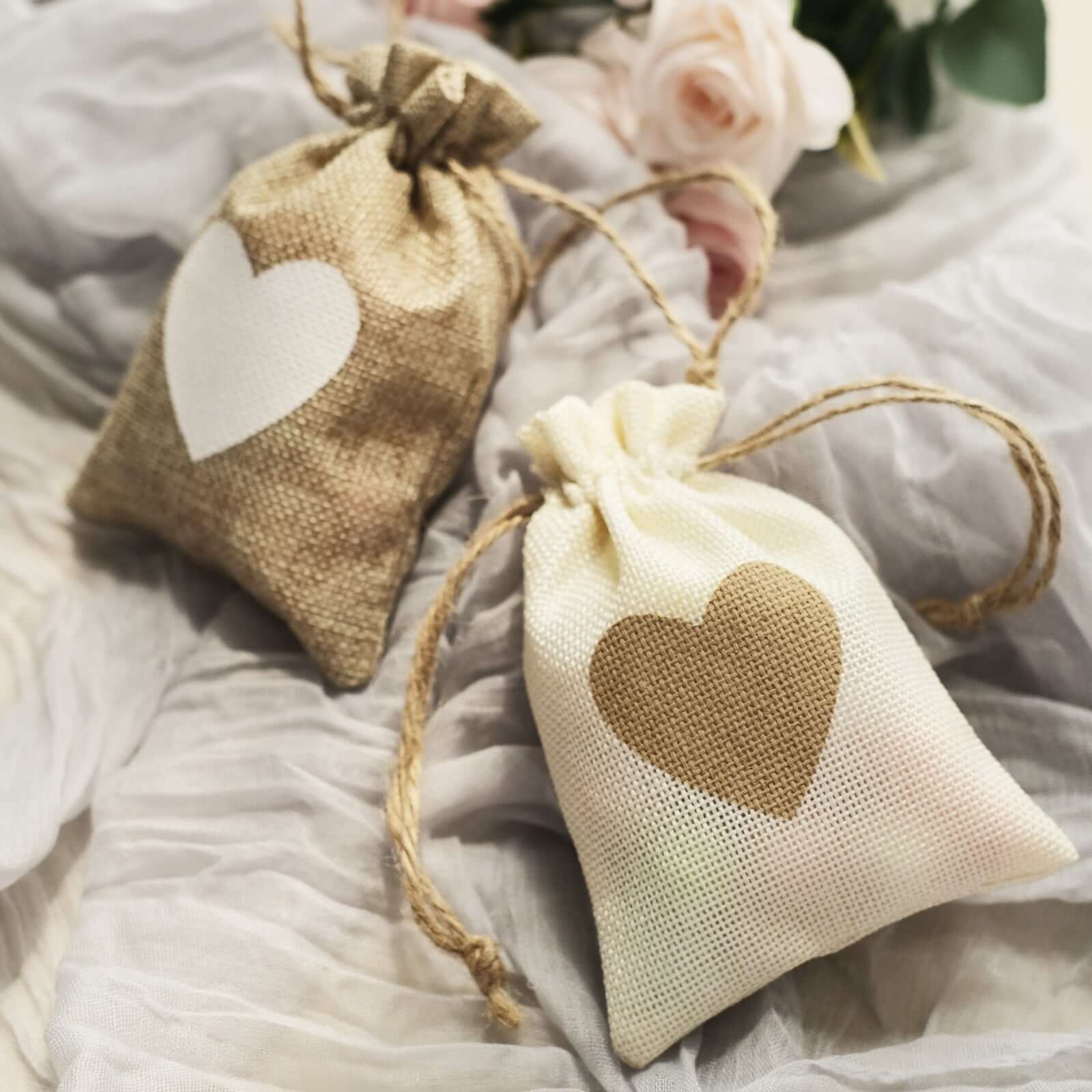 20 Pack 4x5 Natural Ivory Heart Design Jute Burlap Gift Bags With Drawstring, Rustic Wedding Party Favor Bags