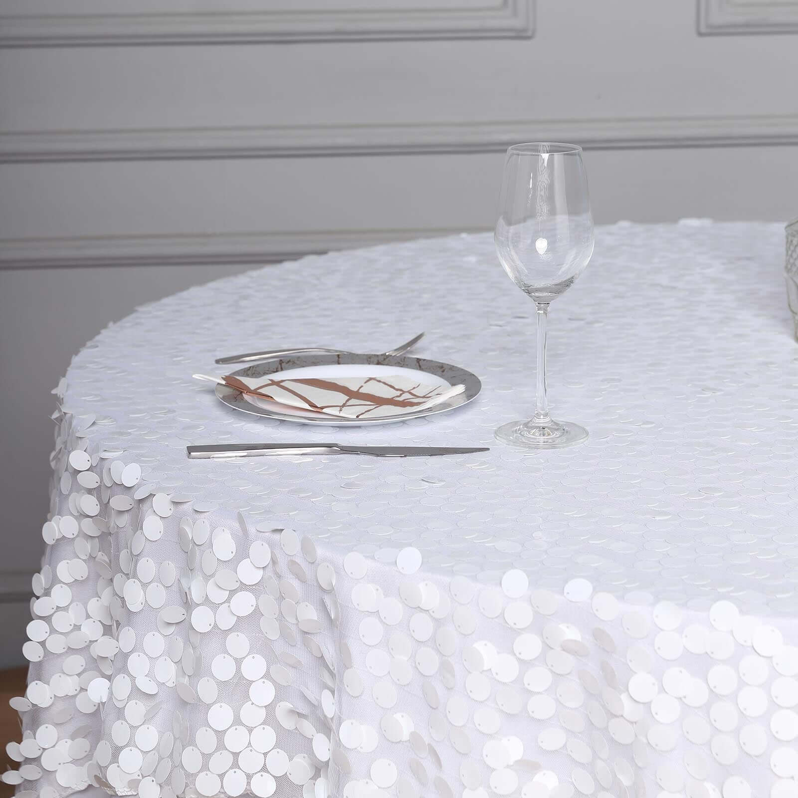 Sequin 72x72 Table Overlay Square Tablecloth White - Big Payette Design for Classy Celebrations