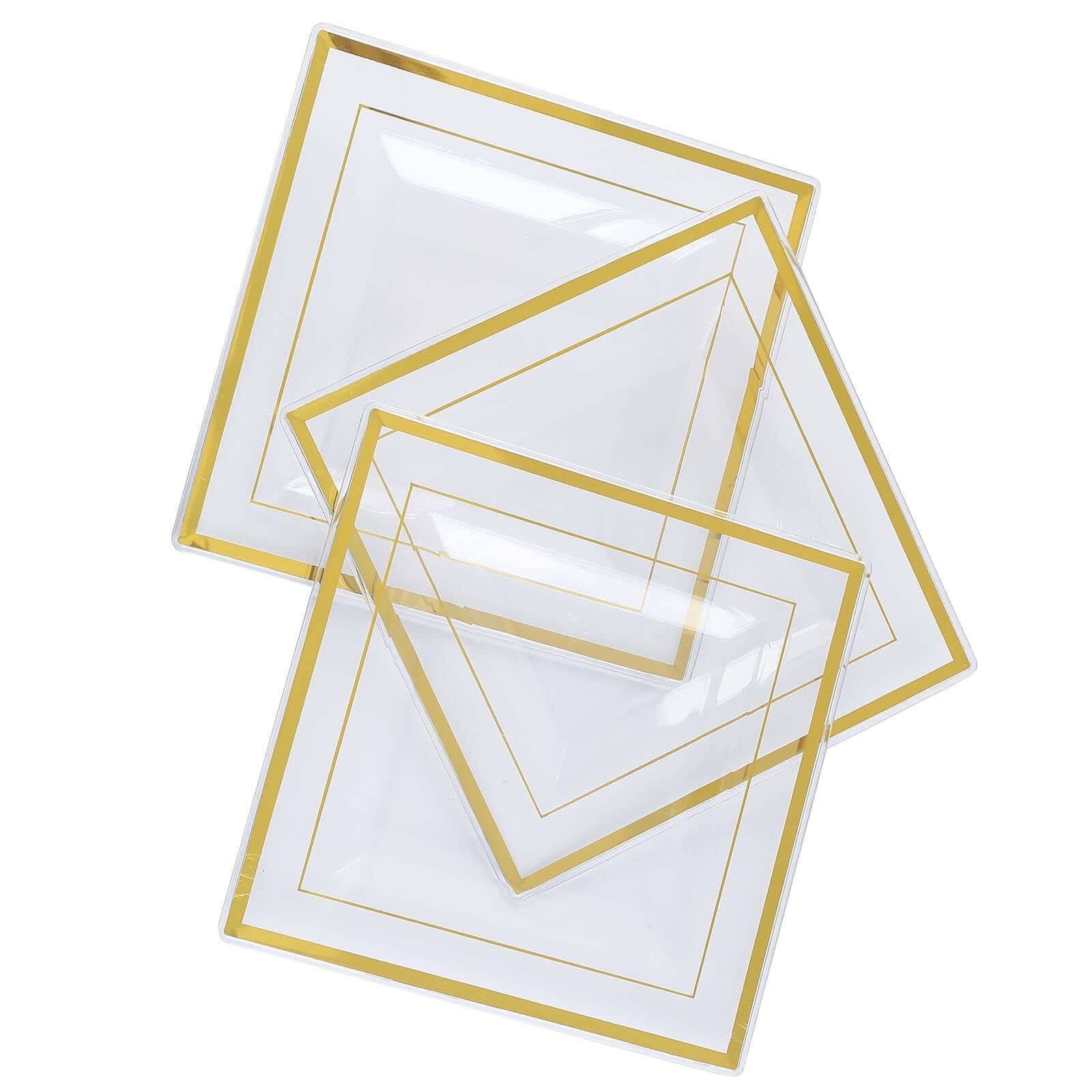 10-Pack Plastic Salad Dessert Plates Clear Square with Gold Trim - Durable Disposable Appetizer Plates 7