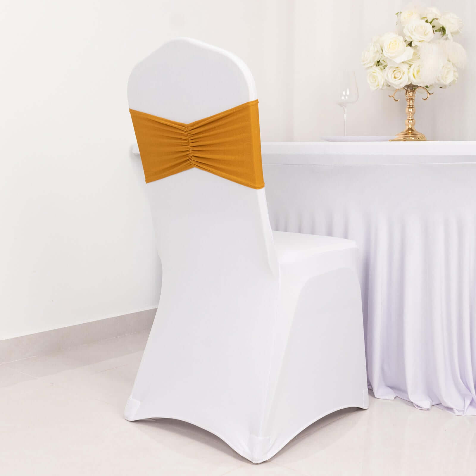 5 Pack Spandex Chair Sashes Gold Ruffled Style - Wide Easy to Use Stretch Chair Bands for Classy Wedding and Event Decor 8x13