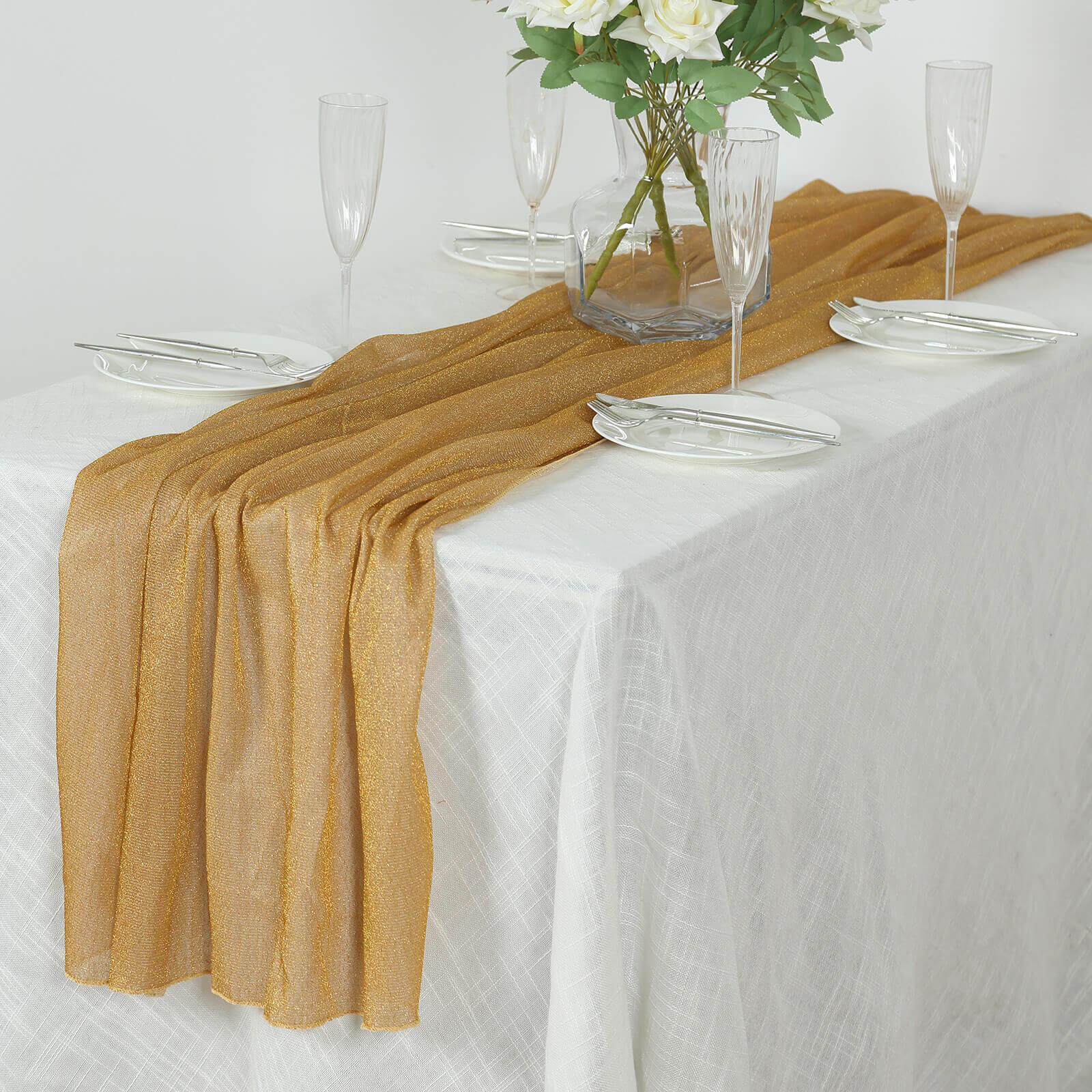 Glitter Gauze 27x120 Table Runner Gold - Sparkling Reusable Wrinkle-Free Sheer Table Linen for Events