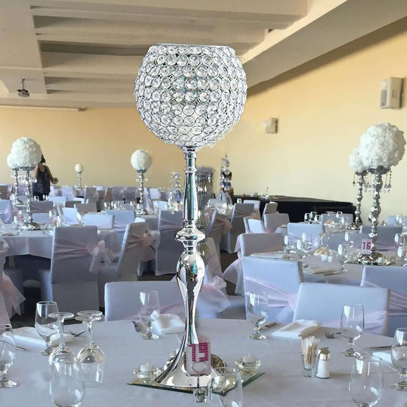 Acrylic Crystal Beaded Goblet Candle Holder Silver - Exquisite Flower Ball Centerpiece Stand for High-End Event Styling 30