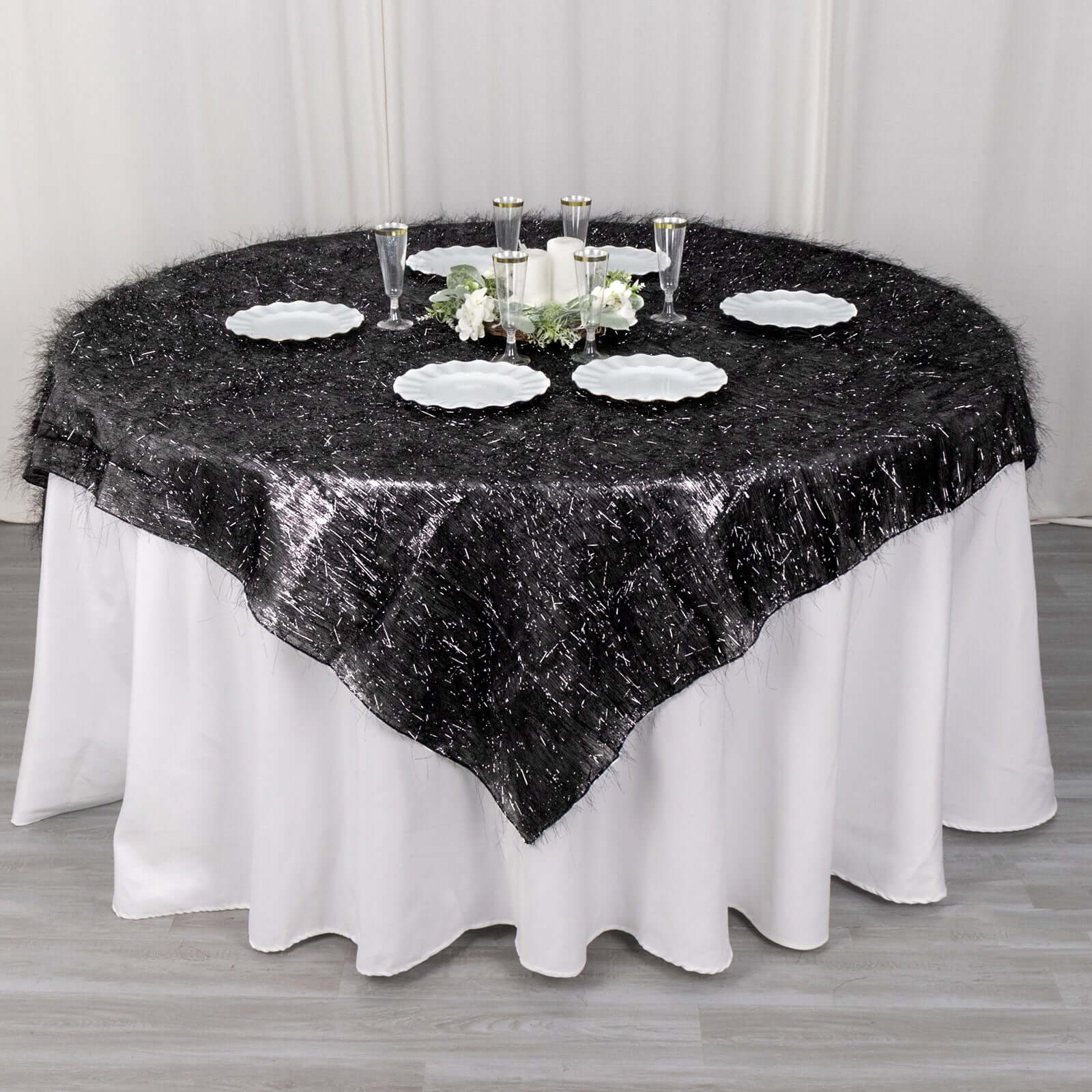 Polyester 72x72 Table Overlay Square Tablecloth Black - Metallic Fringe Shag Tinsel Table Cover