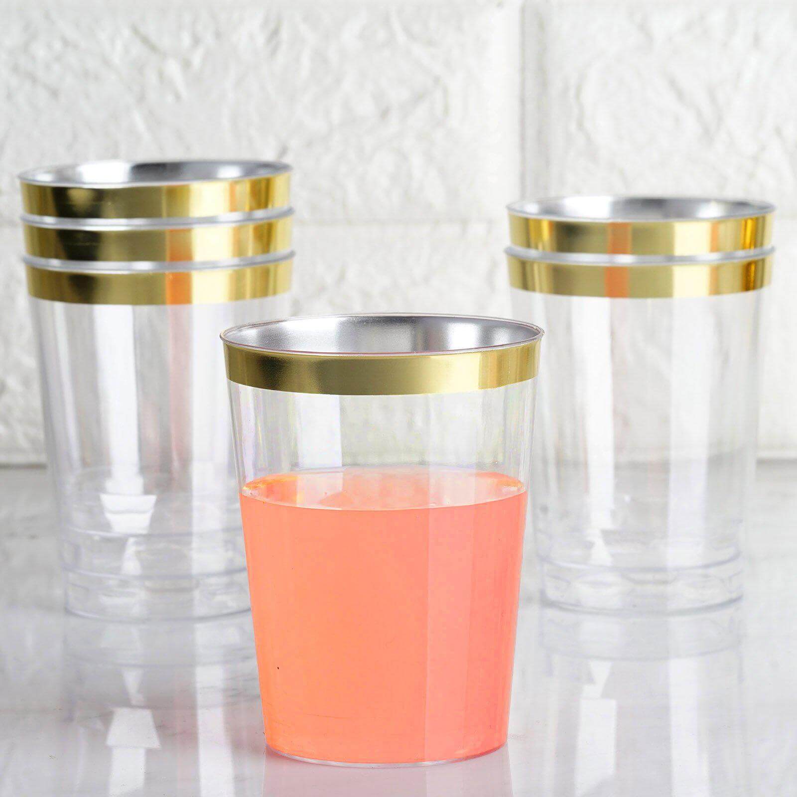 25-Pack Plastic Tumbler Cups Clear with Gold Rim - Stylish Disposable Party Glasses 10oz