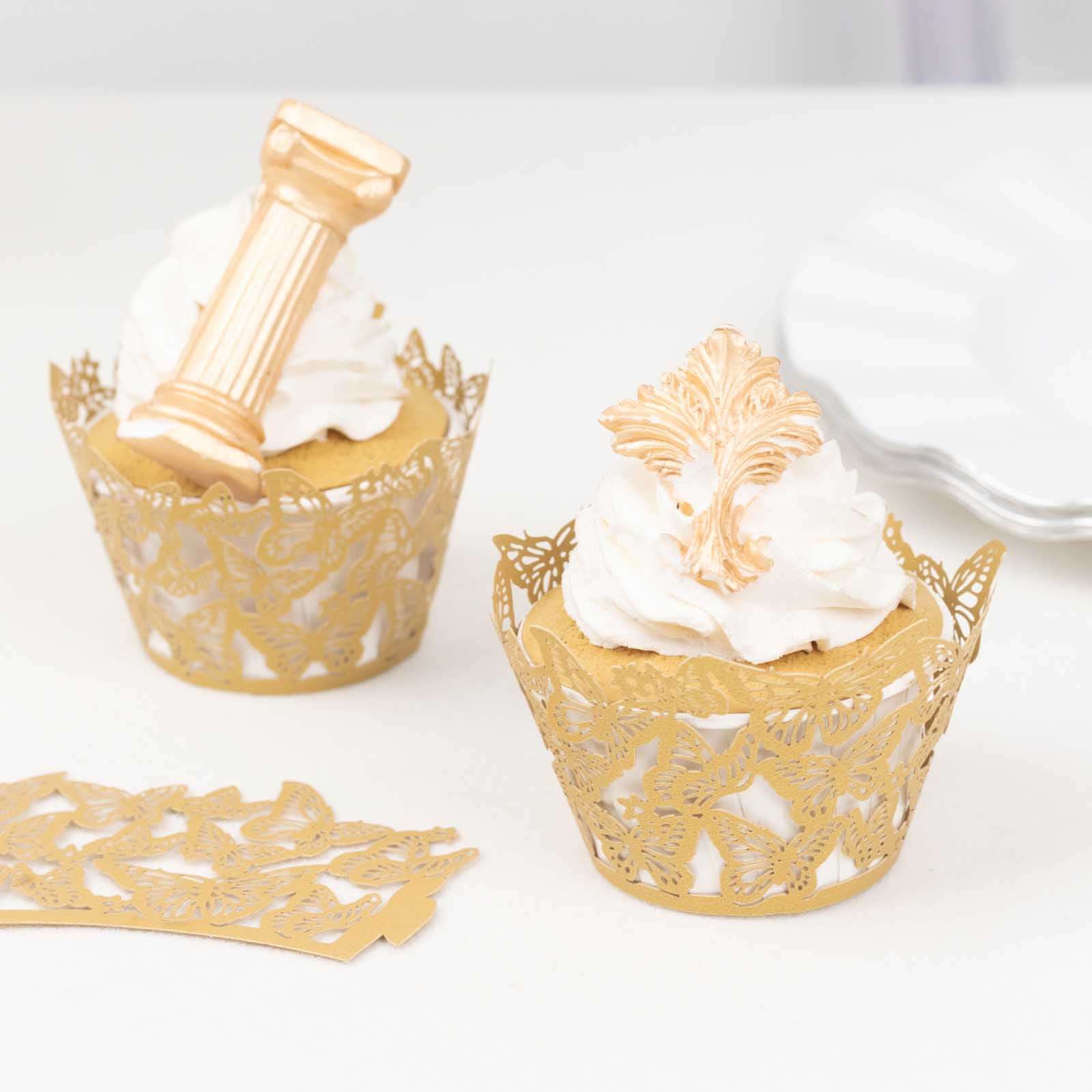 25-Pack Paper Cupcake Liners Butterfly Lace Pattern Design Gold - Round Muffin Wrapper Cups 3