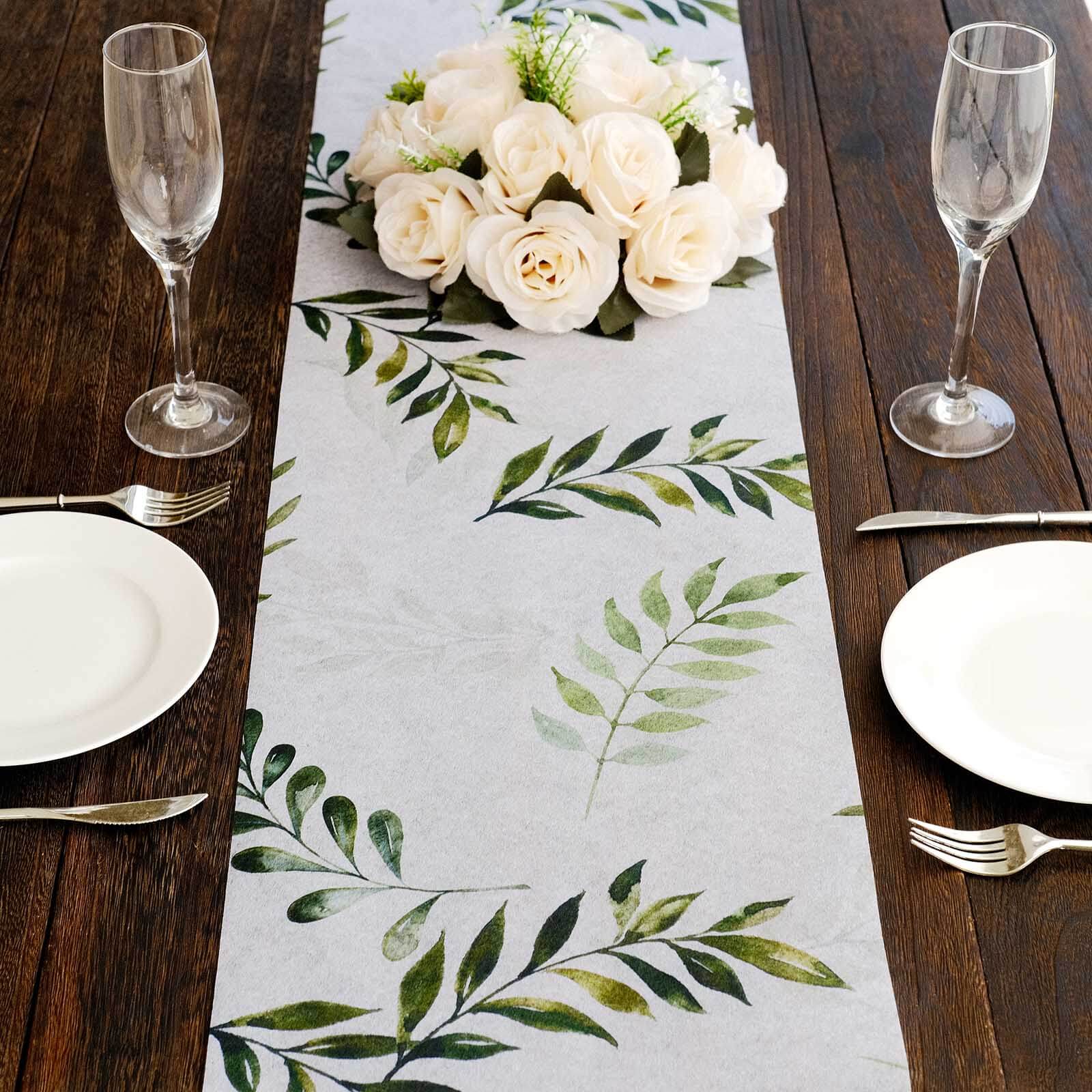 Disposable Table Runner 11x108 White with Green Olive Leaves Print - Non-woven Stylish Spring Summer Dining Decor