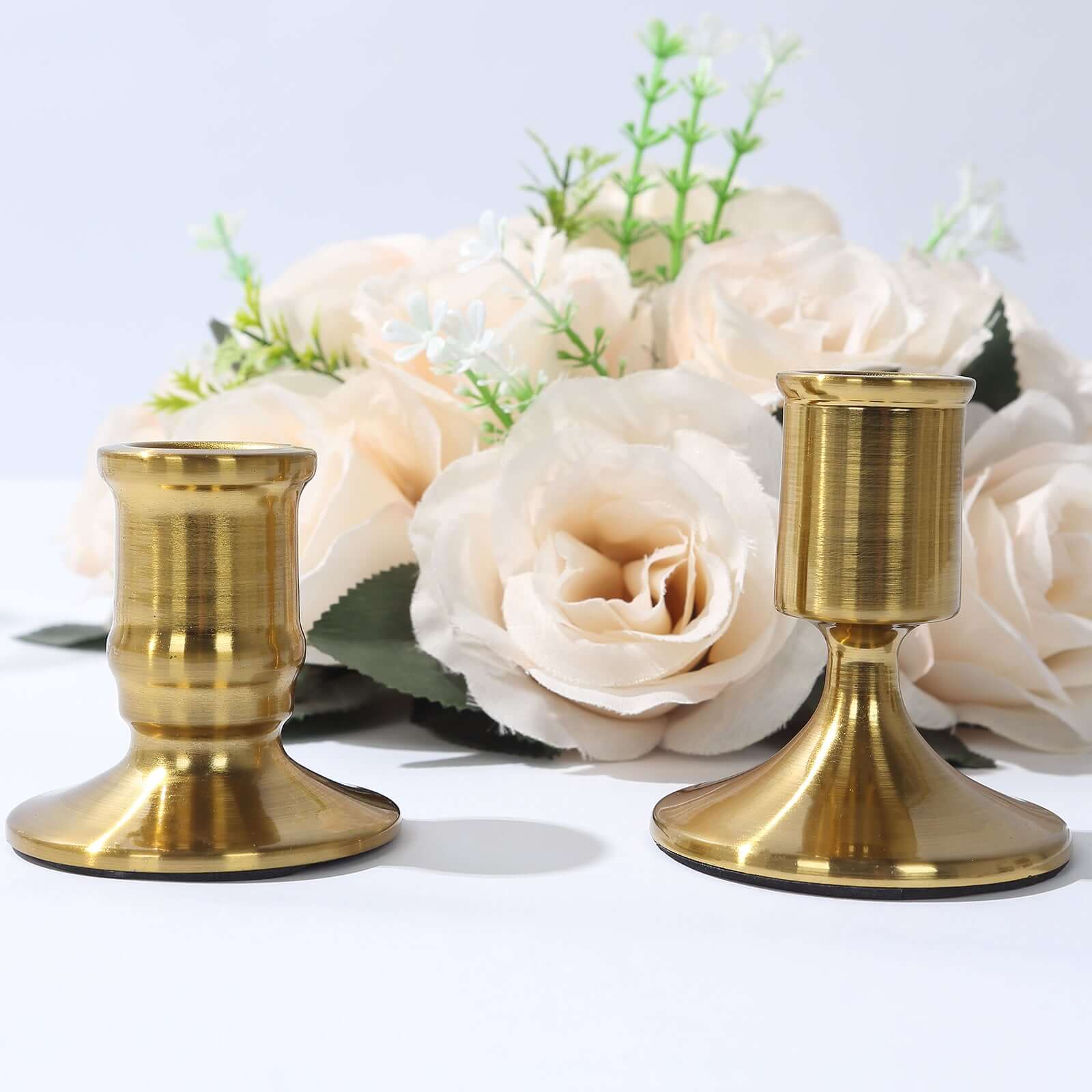 Set of 4 Metal Taper Candle Holders Vintage Gold with Sturdy Round Base - Traditional Pillar Candlestick Holders 2.5, 3