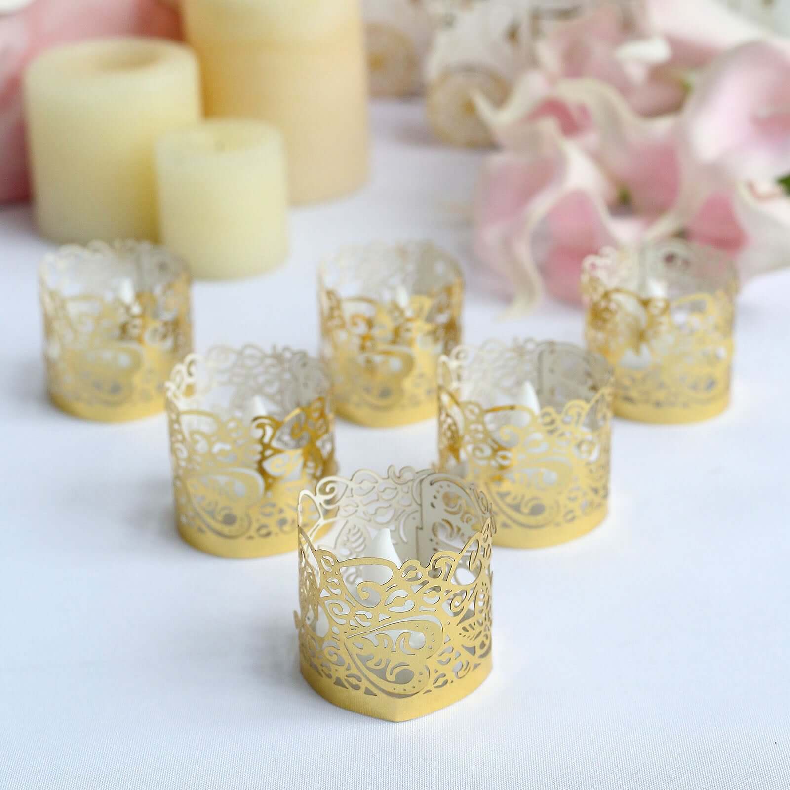 20-Pack Paper Candle Holder Wraps Floral Lace Design Gold Foil - Votive Tealight Decorative Wraps