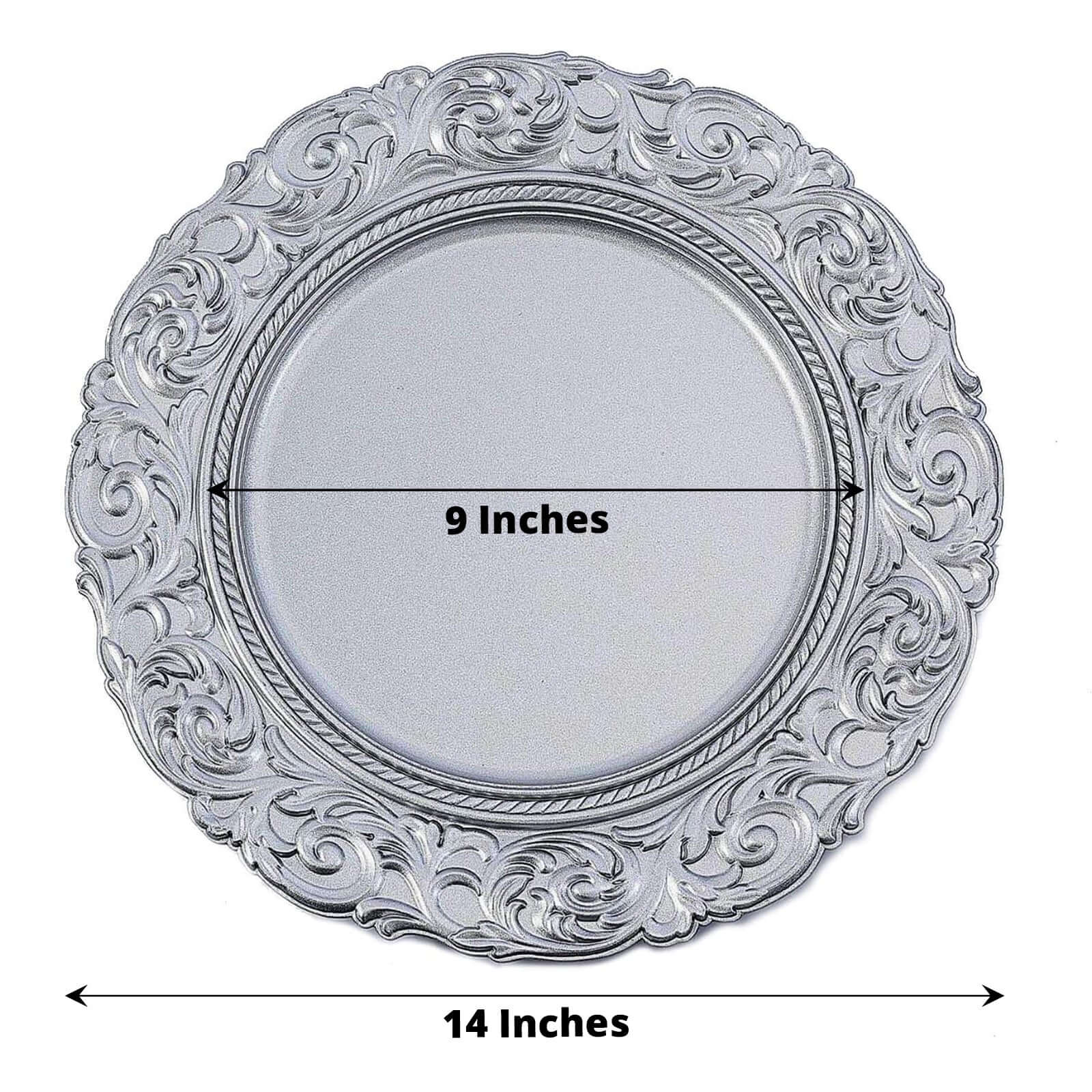 6-Pack Acrylic Round Charger Plates 14 in Silver with Engraved Baroque Rim, Vintage Disposable Decorative Chargers