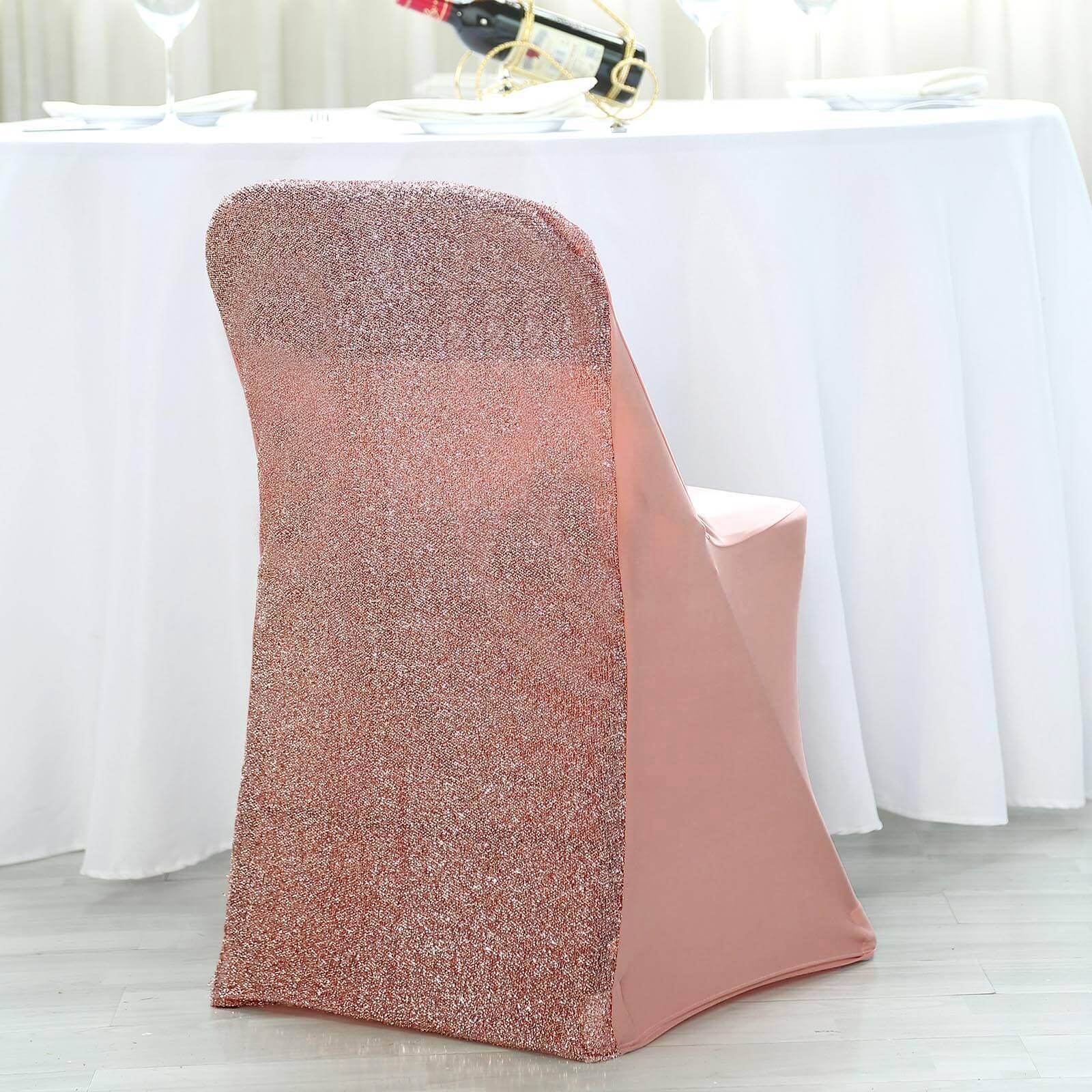 Stretch Spandex Chair Cover Rose Gold for Folding Chairs - Metallic Shimmer Tinsel Back Design Fitted Slipcover