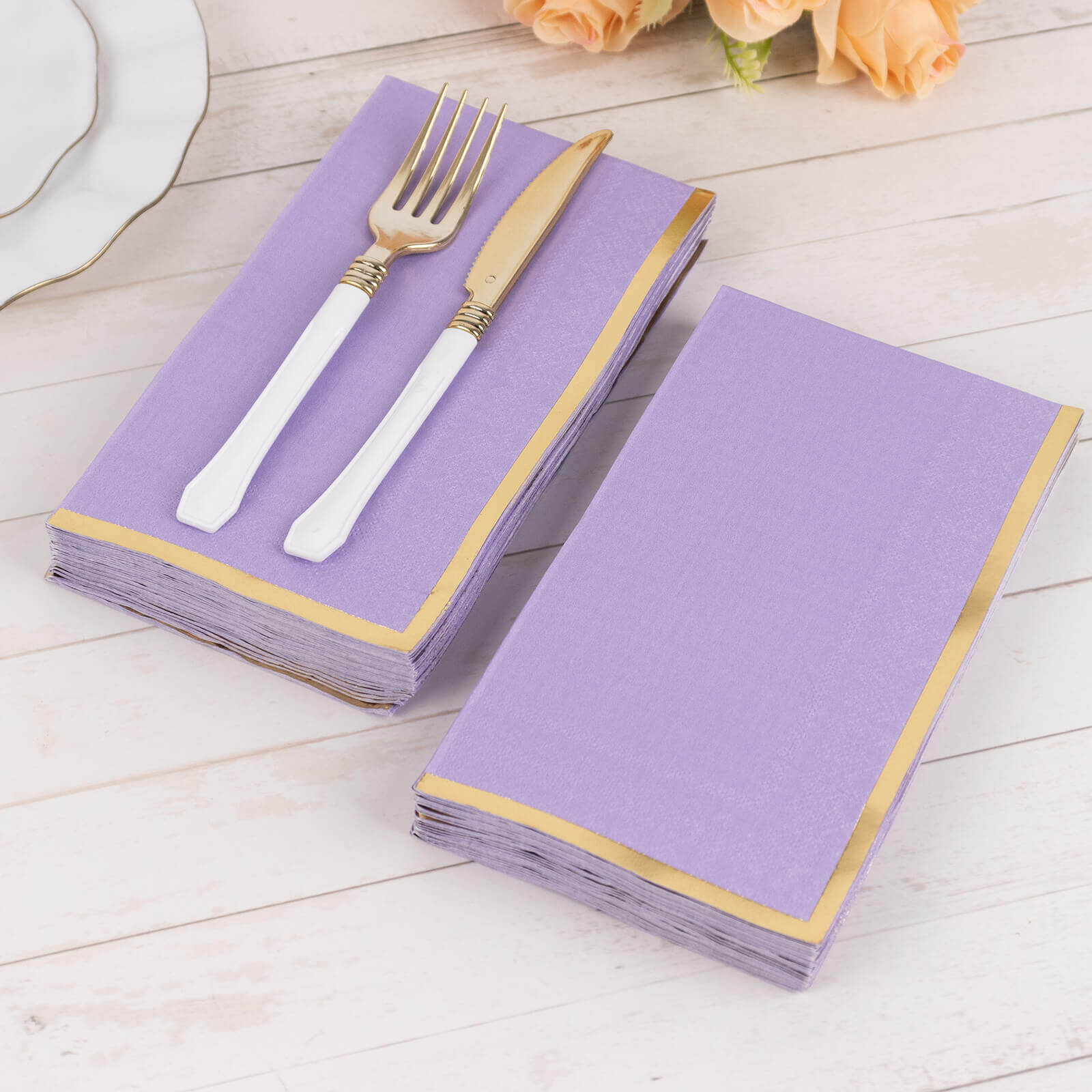 50-Pack Paper Dinner Napkins Lavender with Gold Foil Edge 2 Ply - Stylish Disposable Napkins