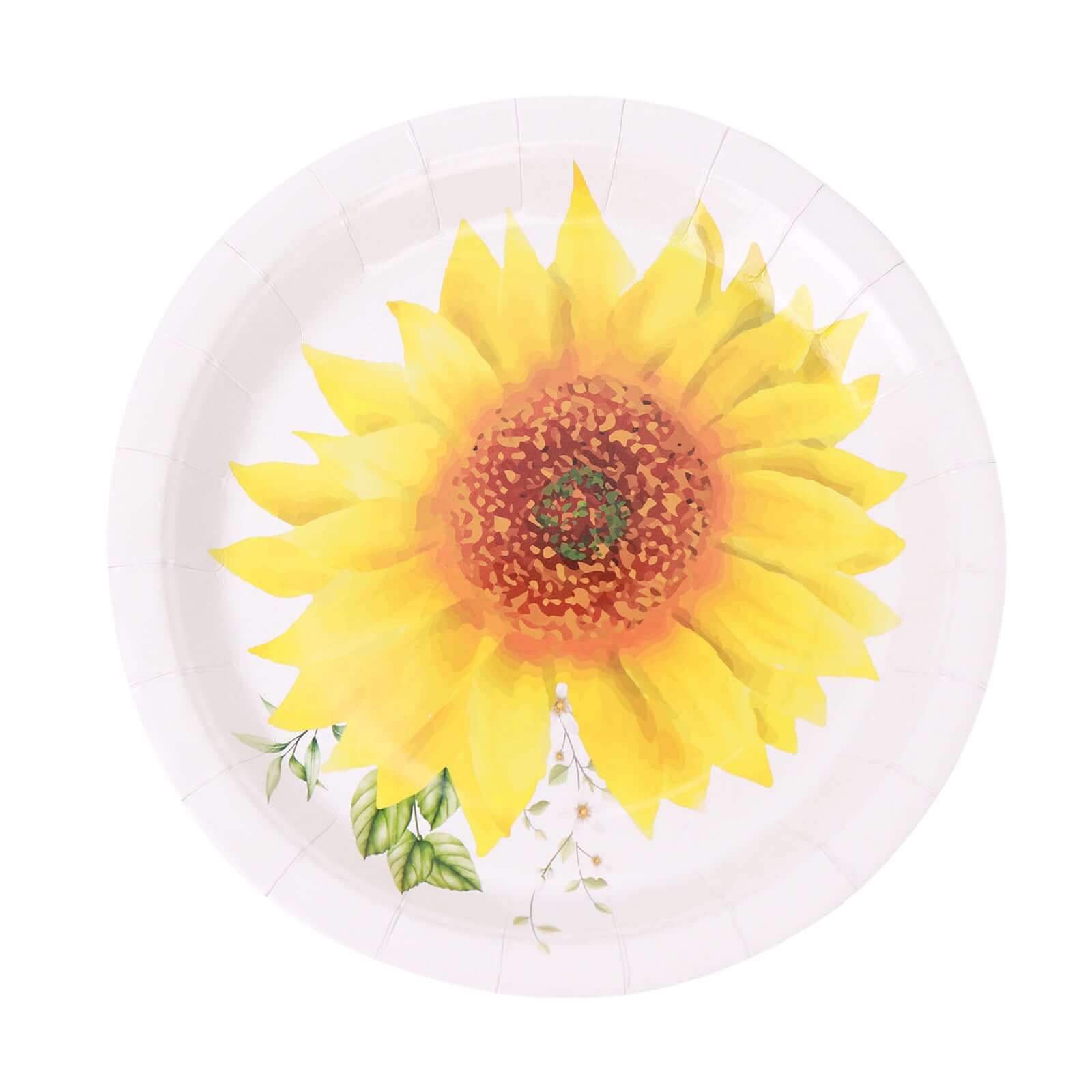 25-Pack Paper 9 Round Dinner Plates in White with Sunflower Design - Disposable Party Plates for Rustic Events & Garden Themes