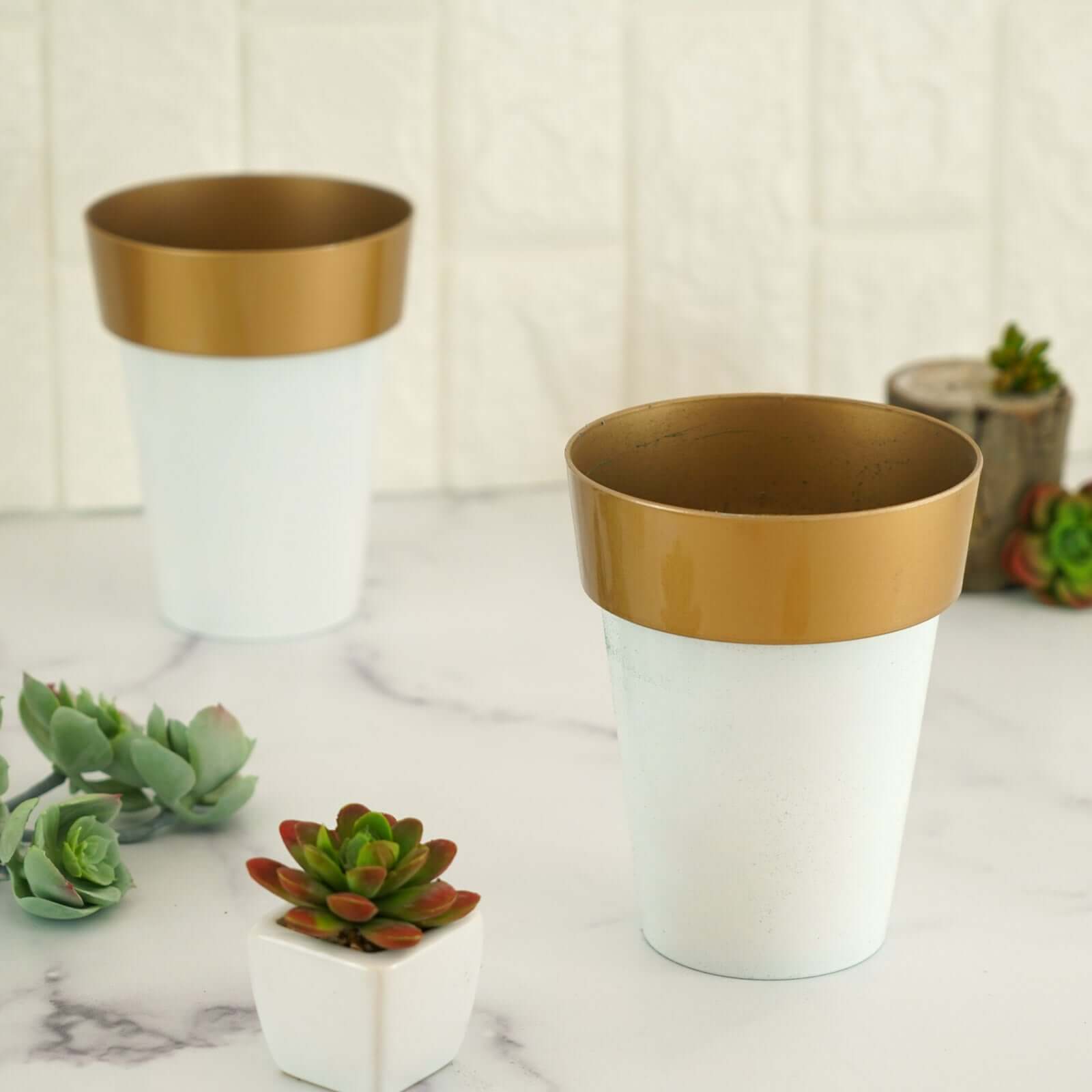 2-Pack Flower Plant Pots Medium Design White with Gold Rim - Plastic Indoor Decorative Planters 6