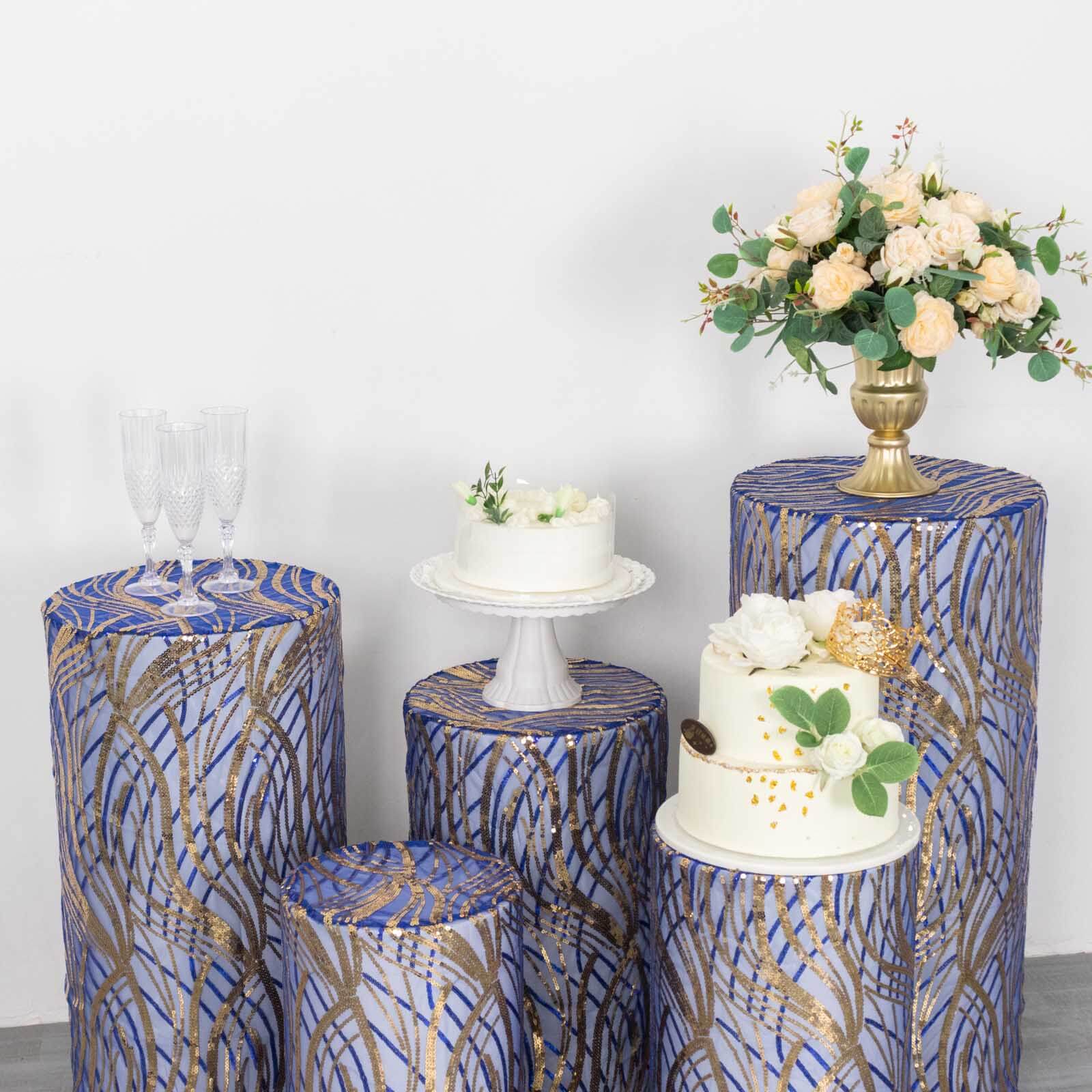 Set of 5 Royal Blue Wave Mesh Cylinder Pedestal Stand Covers with Embroidered Sequins, Pillar Prop Covers - 160 GSM