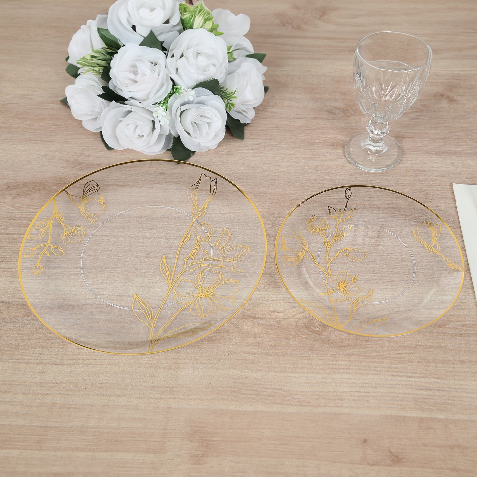 Set of 20 Plastic Round Dinner and Dessert Plates in Clear with Metallic Gold Floral Design - Stylish Disposable Dinnerware 8, 10