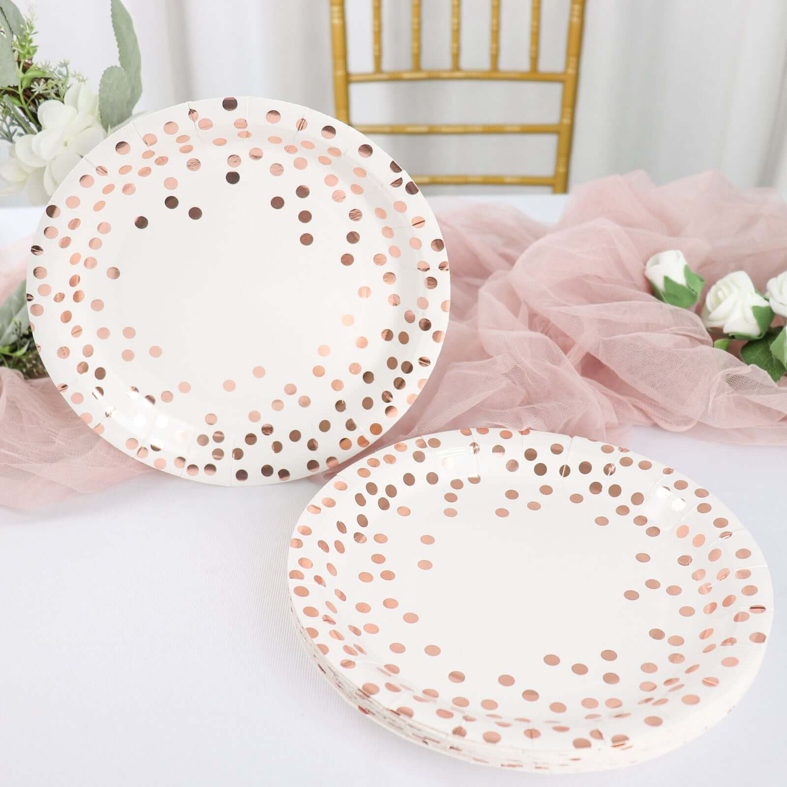 25-Pack Paper Round Dinner Plates 9 White with Metallic Rose Gold Polka Dots - Disposable 300GSM Party Plates for Banquets & Celebrations